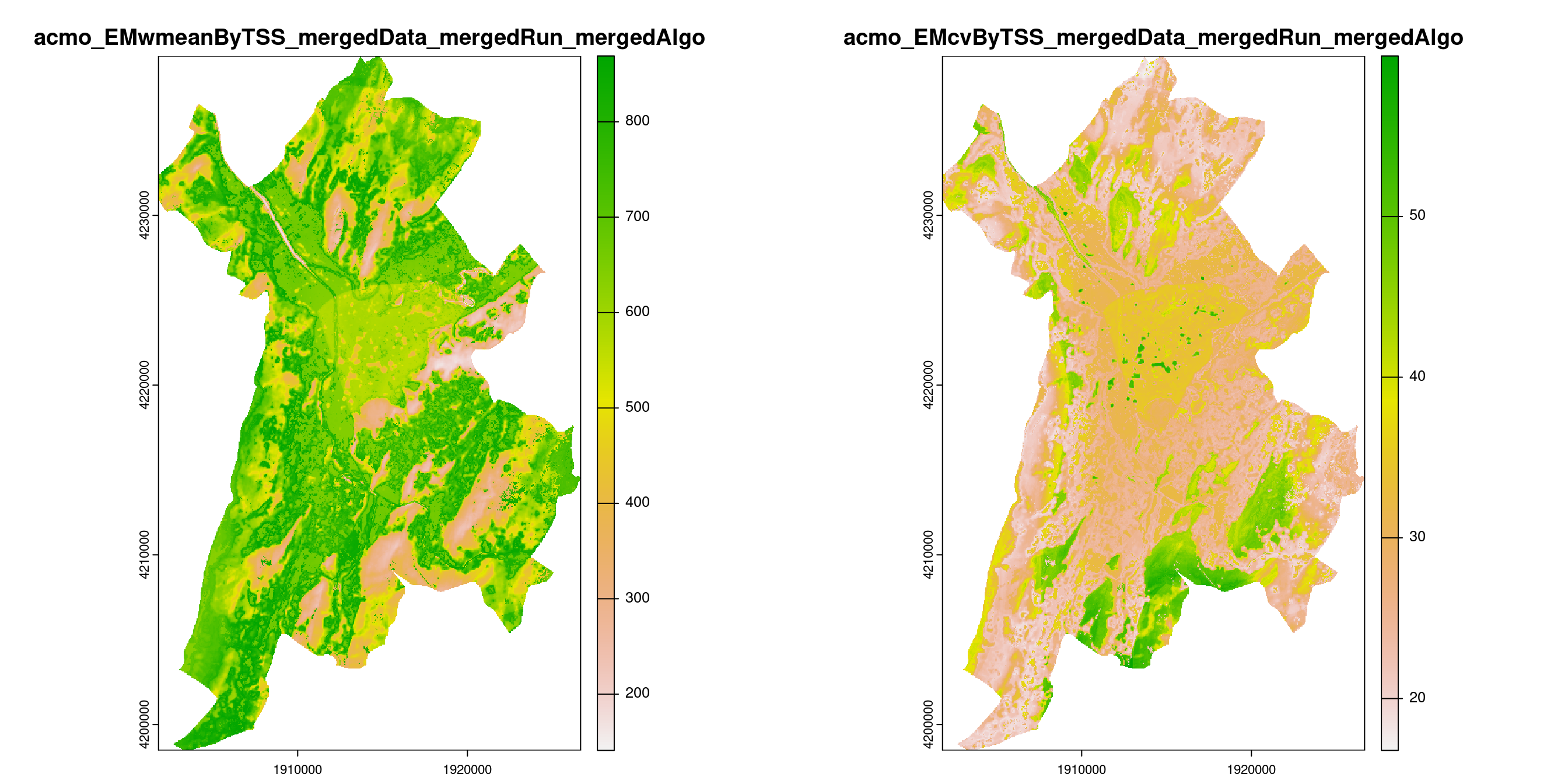 A) Projection de la distribution potentielle contemporaine (modèle d'ensemble) sur la métropole de Grenoble ; B) Incertitude associée à la projection.