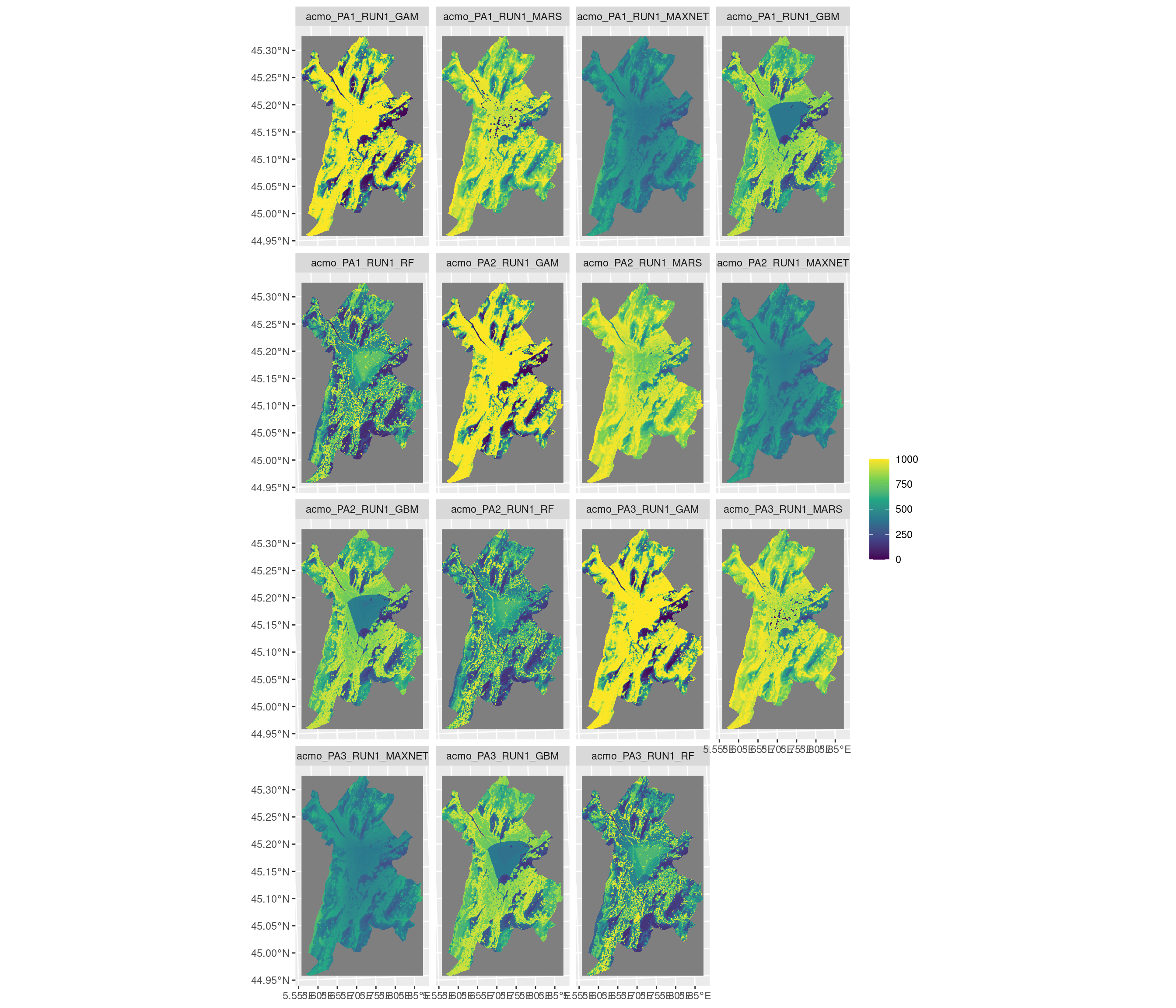 Projection de la distribution potentielle contemporaine sur la métropole de Grenoble, selon les 6 algorithmes et les 3 runs.