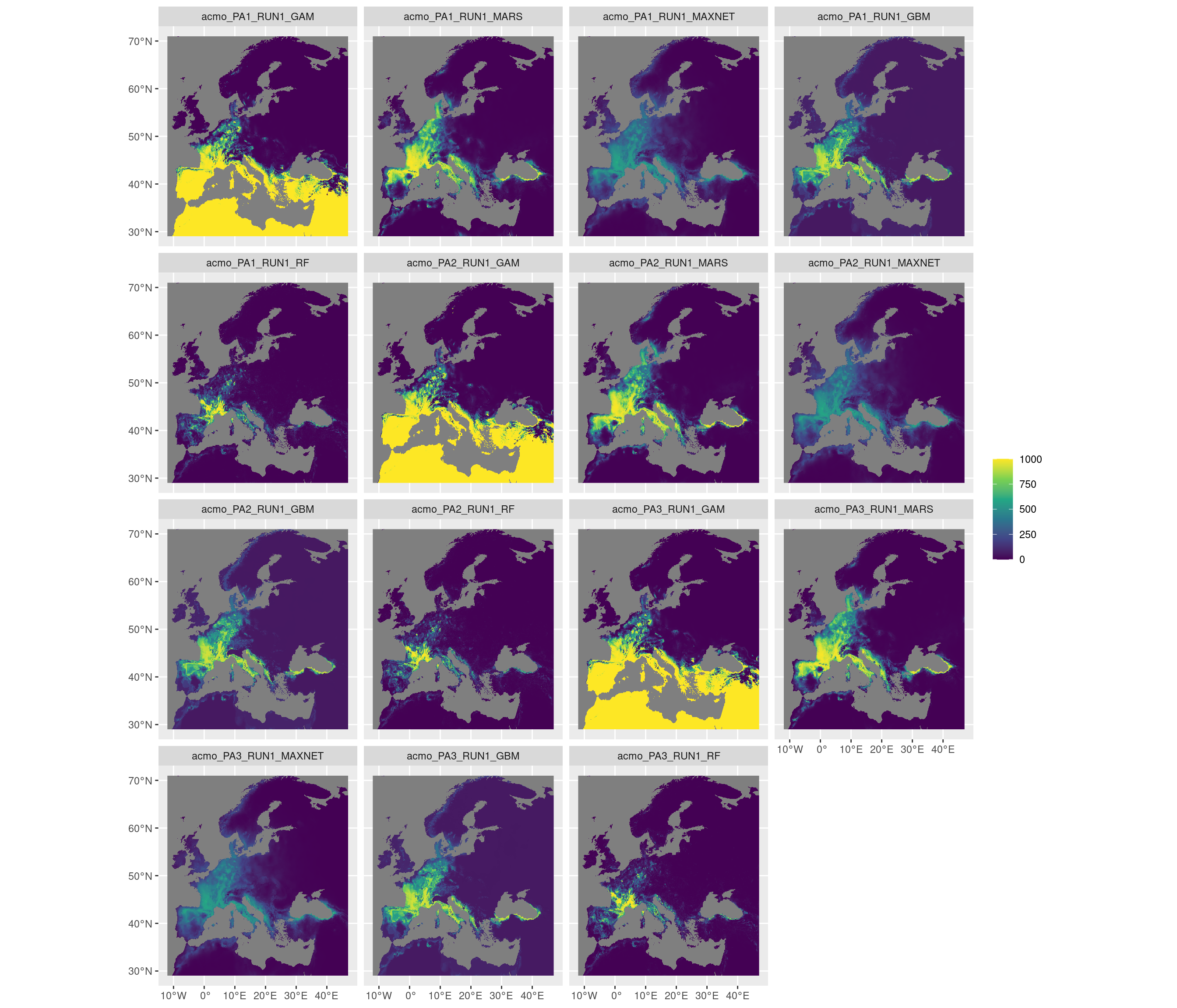 Projection de la distribution potentielle contemporaine sur l'Europe, selon les 6 algorithmes et les 3 runs.