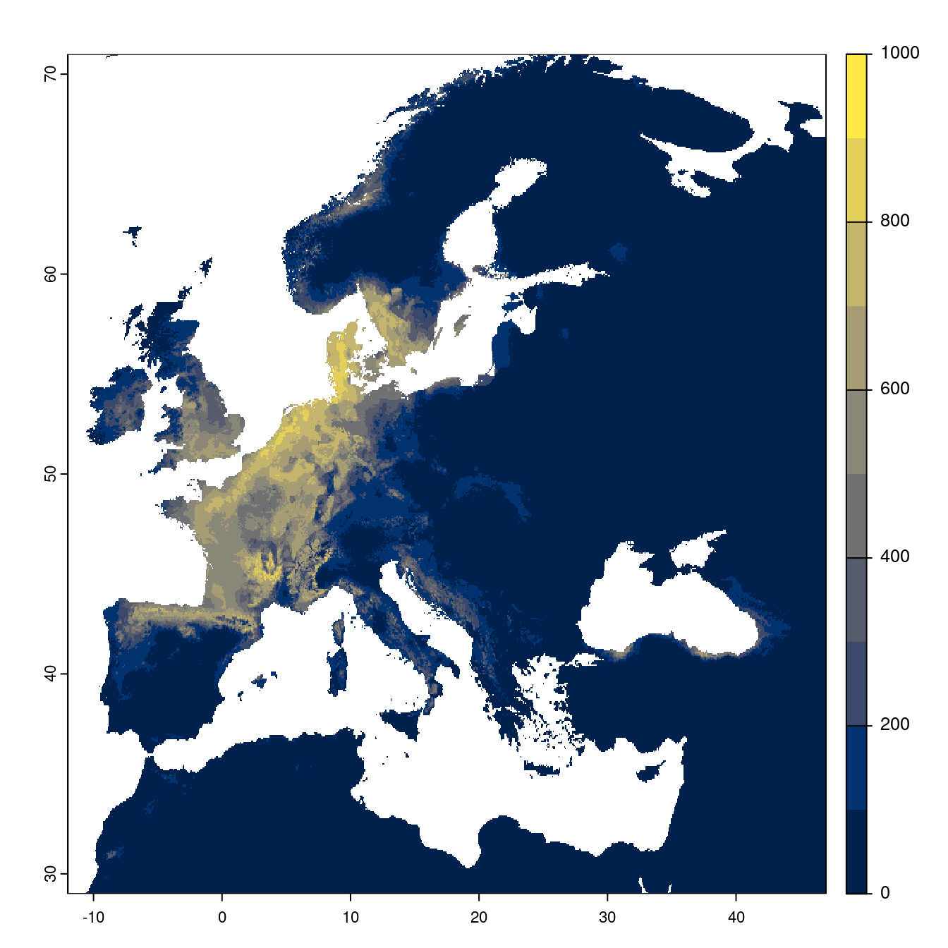 Projection des distributions potentielles futures jusqu'à l'horizon 2100 sous le scénario SSP2-4.5 (modèle d'ensemble).
