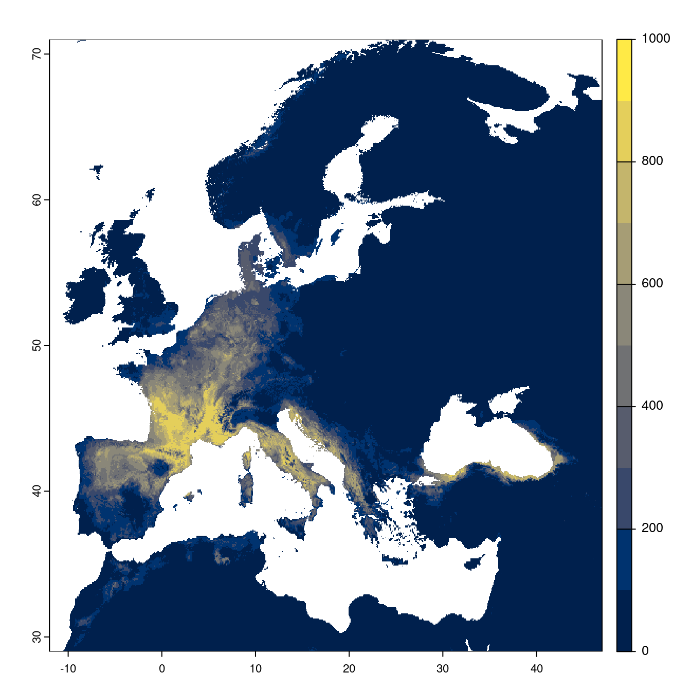 Projection des distributions potentielles futures jusqu'à l'horizon 2100 sous le scénario SSP5-8.5 (modèle d'ensemble).