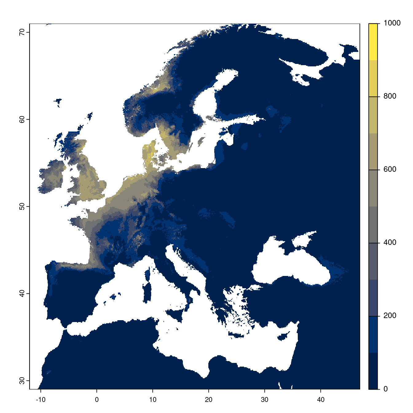 Projection des distributions potentielles futures jusqu'à l'horizon 2100 sous le scénario SSP5-8.5 (modèle d'ensemble).