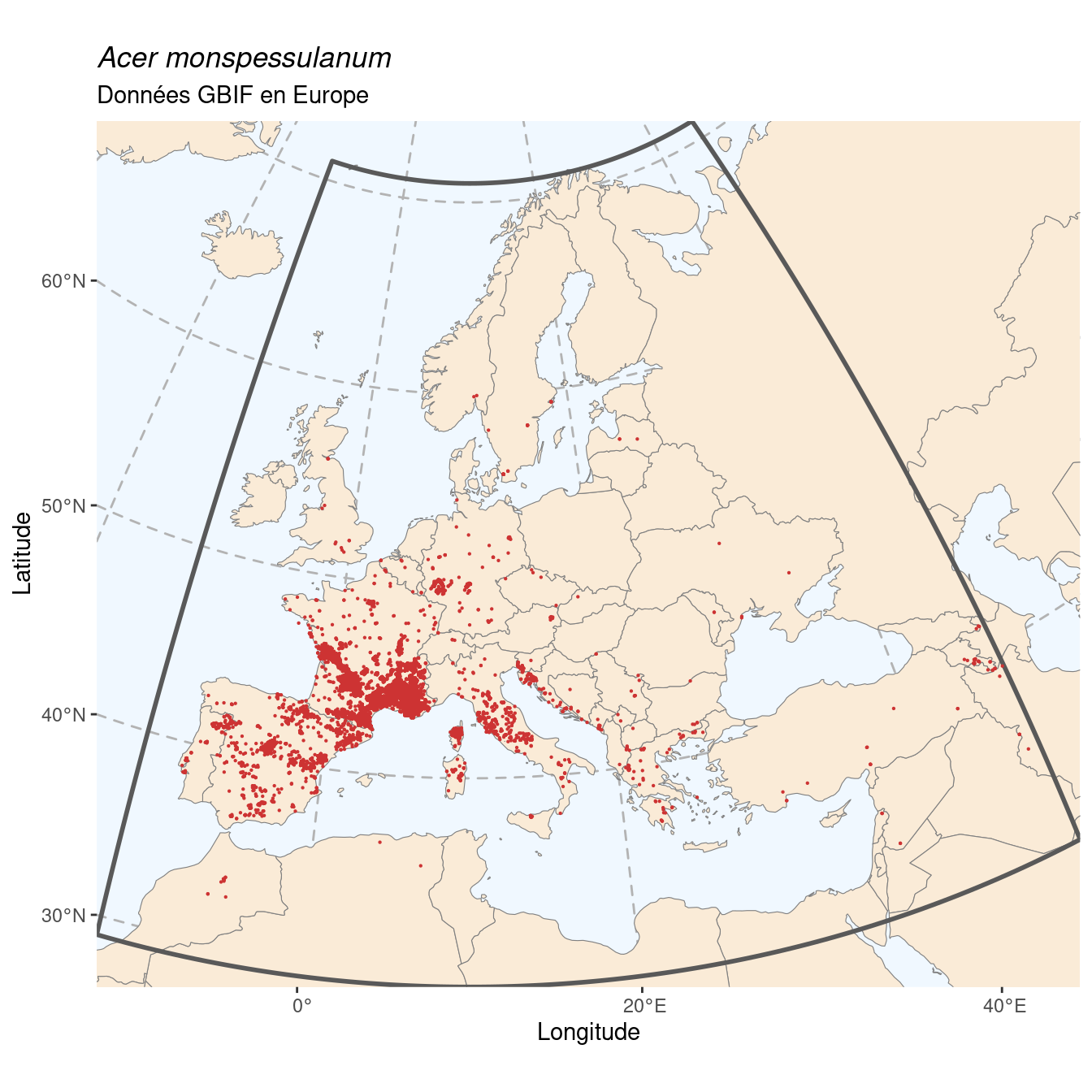 Occurrence de Acer monspessulanum en Europe.