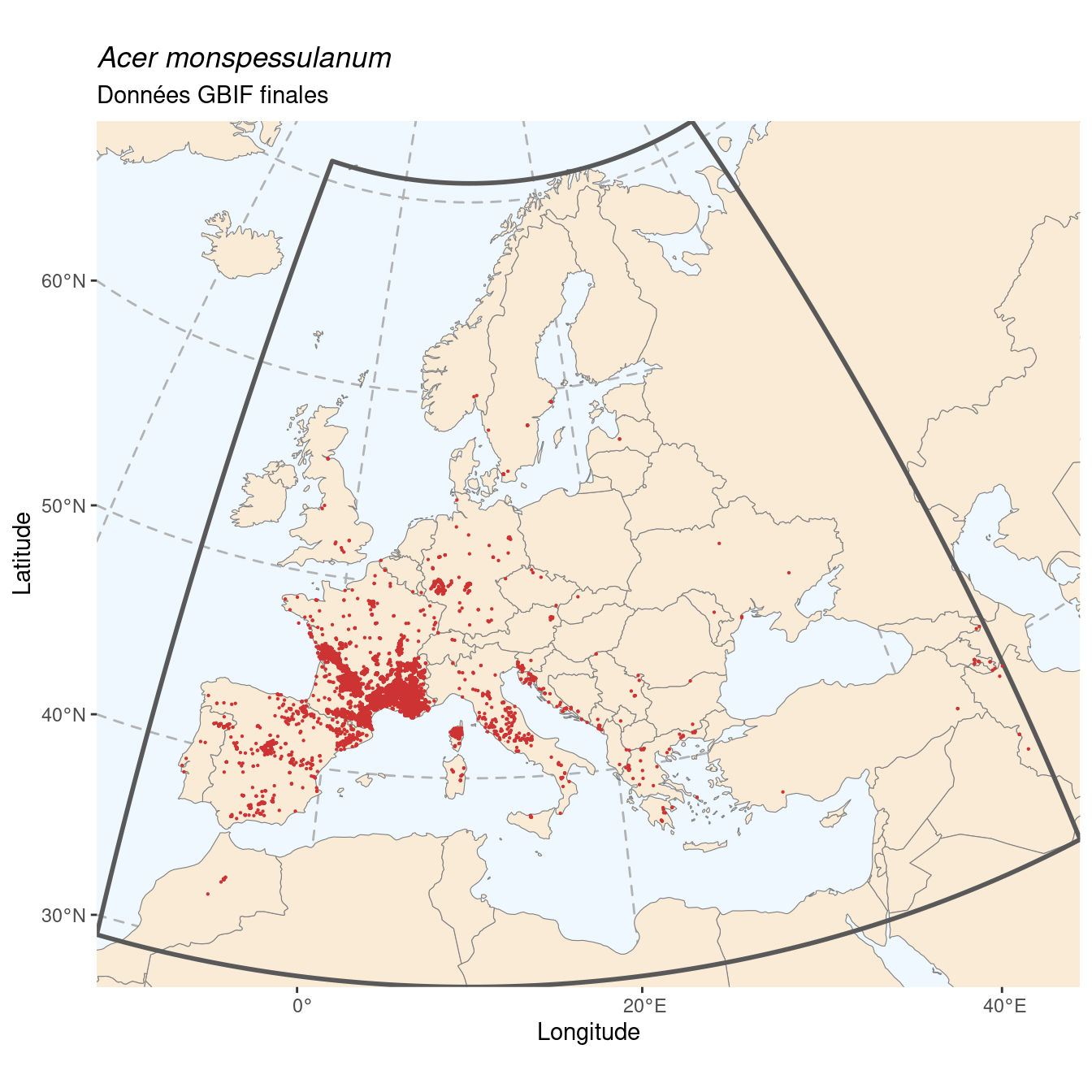 Occurrences de Acer monspessulanum en Europe après sous-échantillonnage.