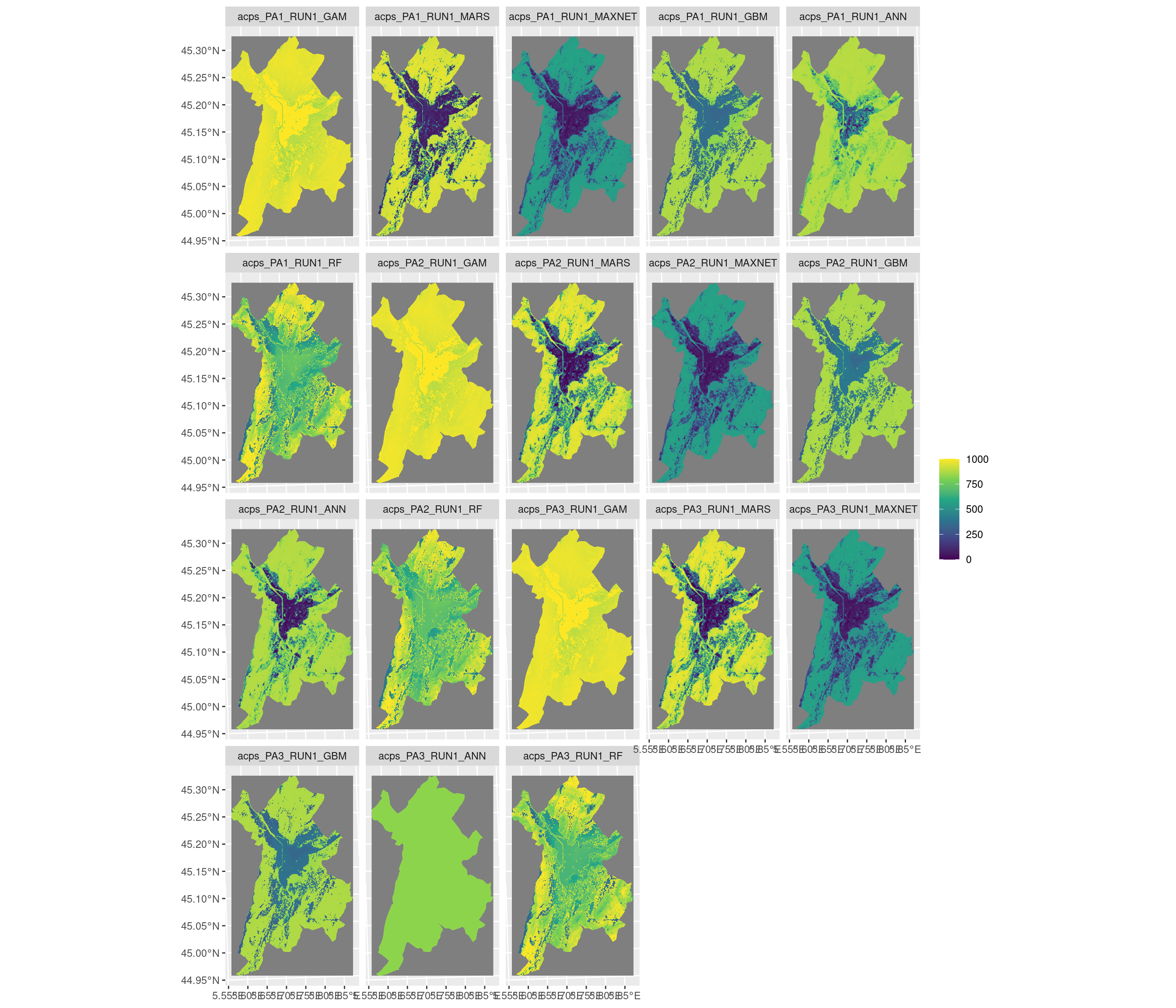Projection de la distribution potentielle contemporaine sur la métropole de Grenoble, selon les 6 algorithmes et les 3 runs.