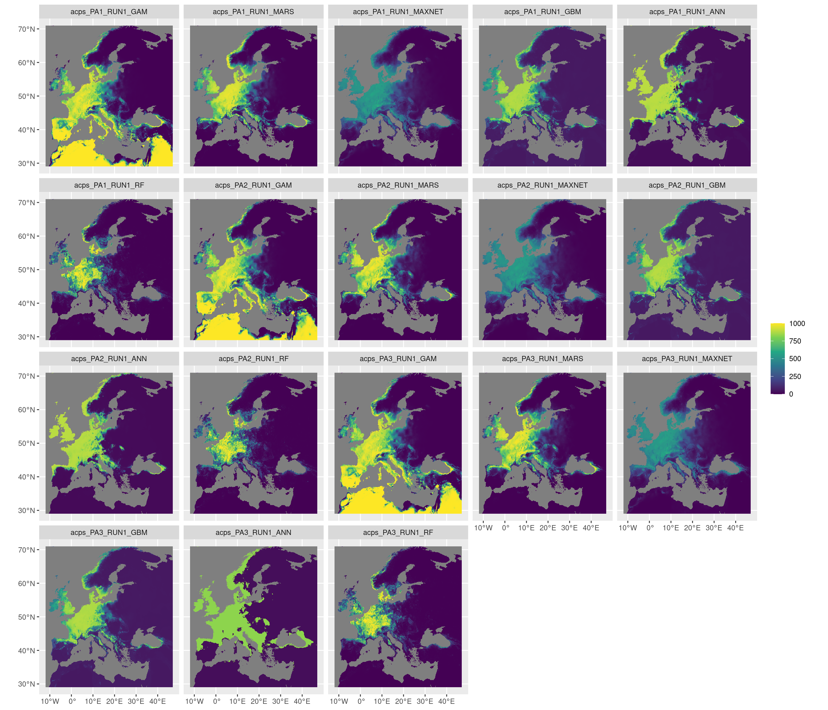 Projection de la distribution potentielle contemporaine sur l'Europe, selon les 6 algorithmes et les 3 runs.