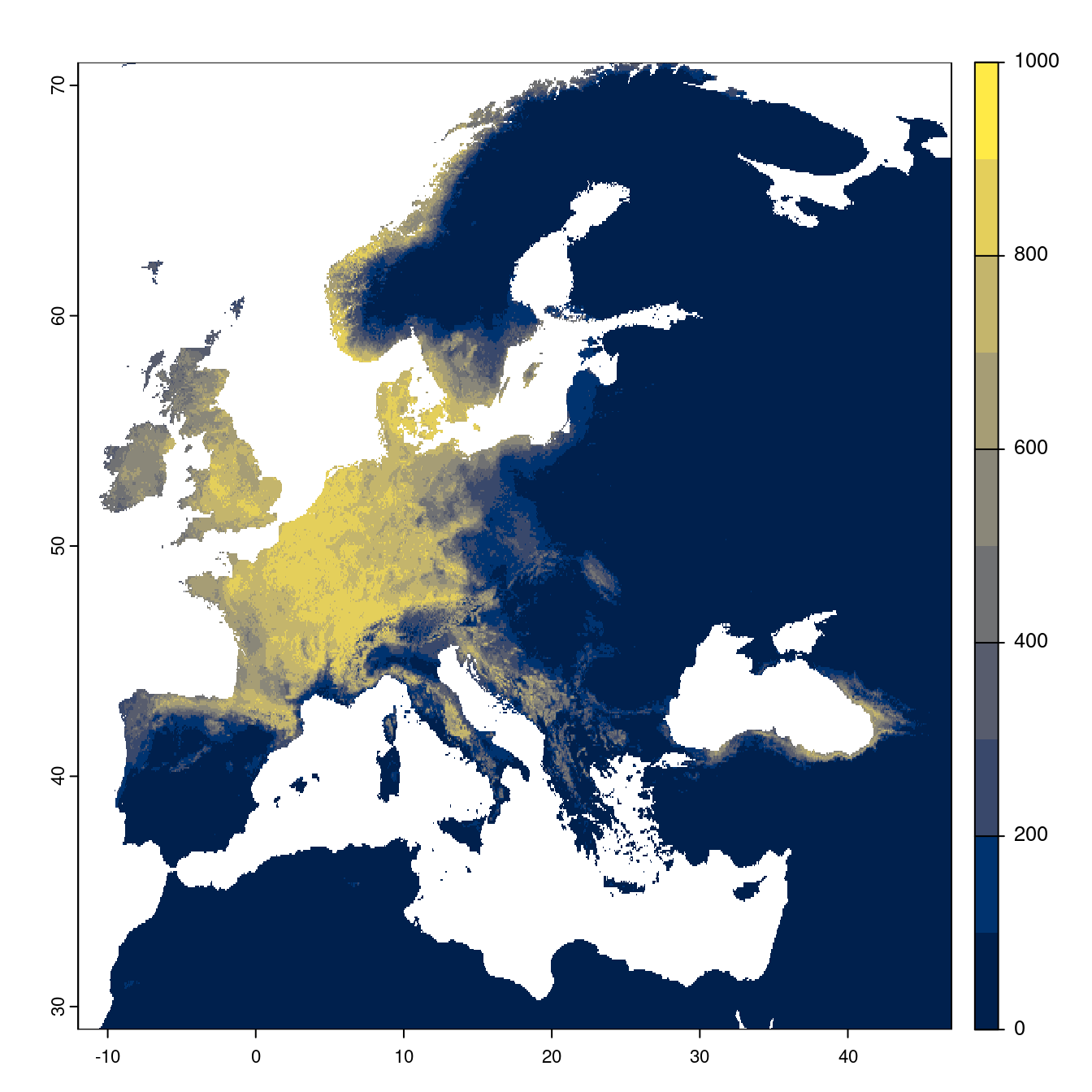 Projection des distributions potentielles futures jusqu'à l'horizon 2100 sous le scénario SSP2-4.5 (modèle d'ensemble).