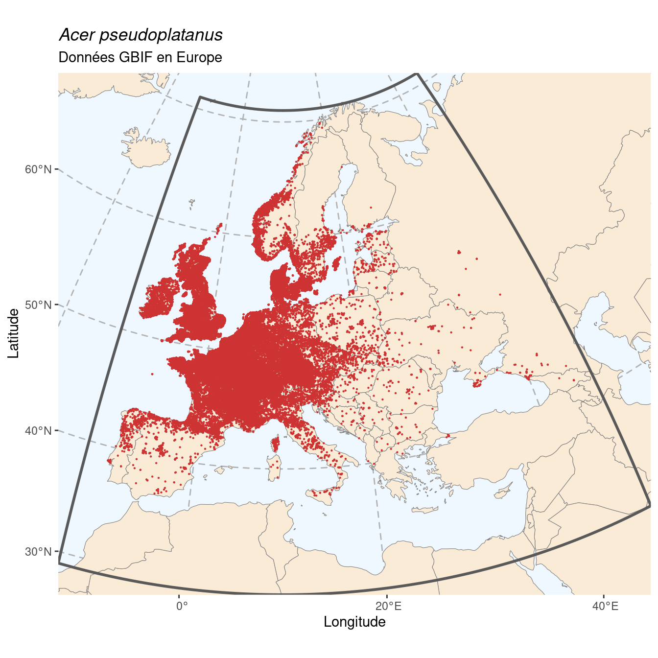 Occurrence de Acer pseudoplatanus en Europe.