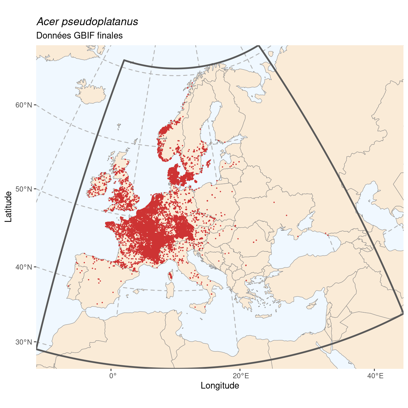 Occurrences de Acer pseudoplatanus en Europe après sous-échantillonnage.