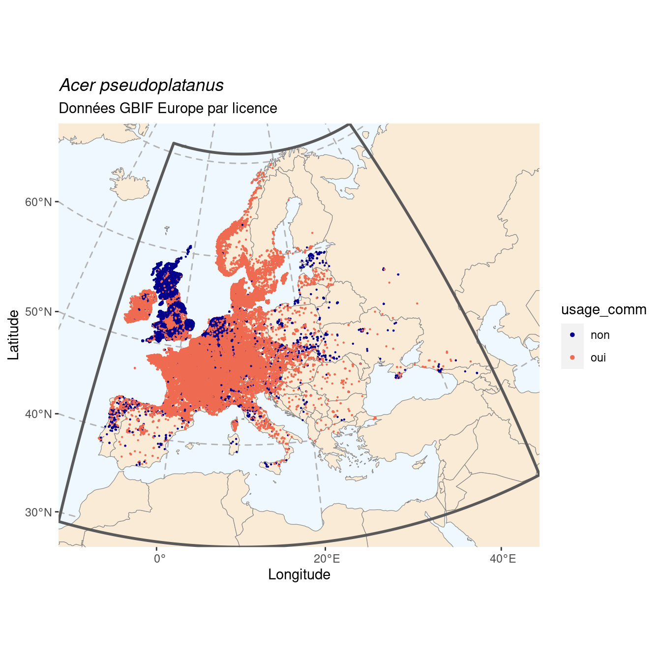 Occurrence de Acer pseudoplatanus en Europe, selon la licence : CC BY-NC en bleu ; CC0 et CC BY en orange.
