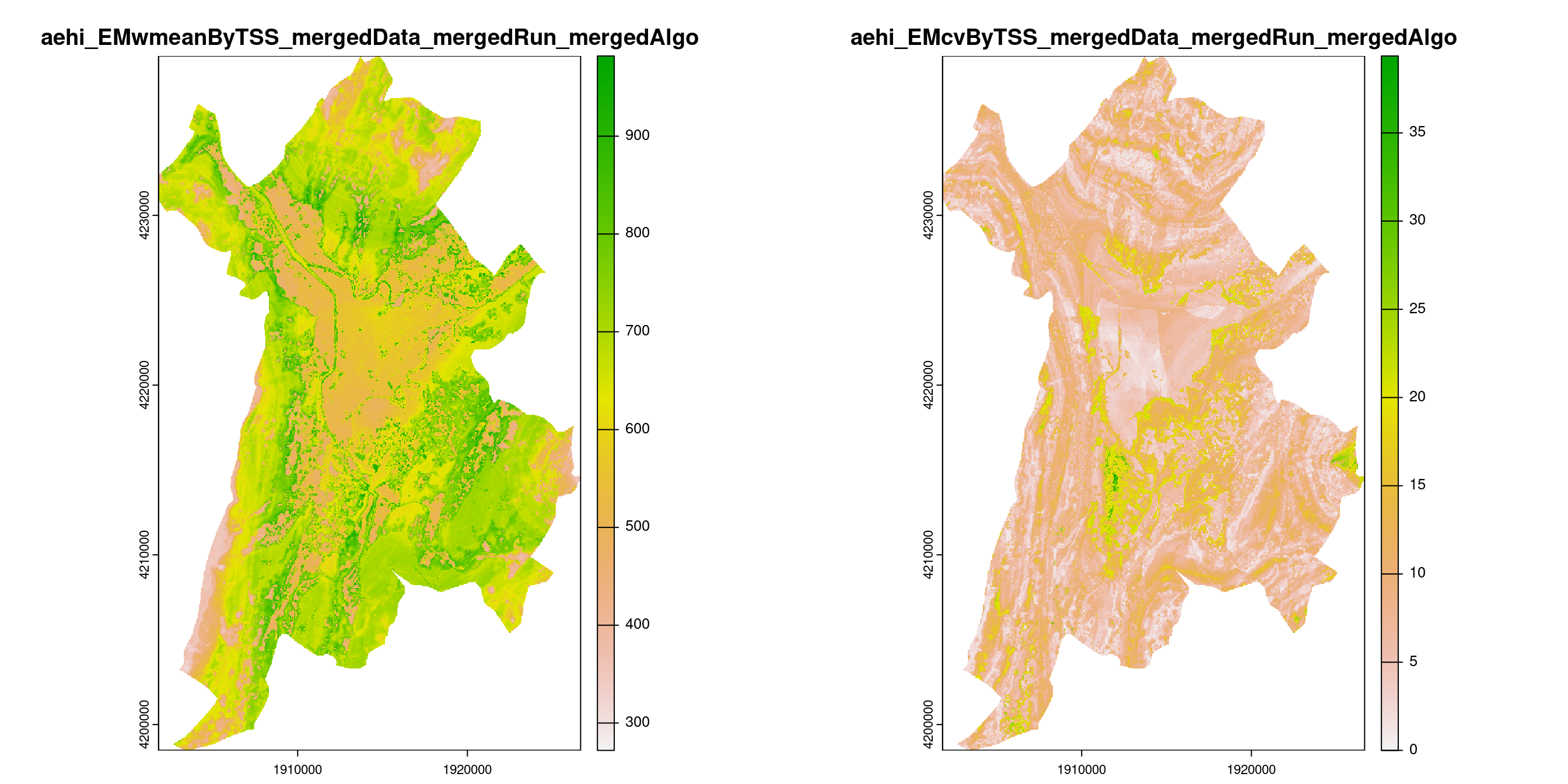 A) Projection de la distribution potentielle contemporaine (modèle d'ensemble) sur la métropole de Grenoble ; B) Incertitude associée à la projection.