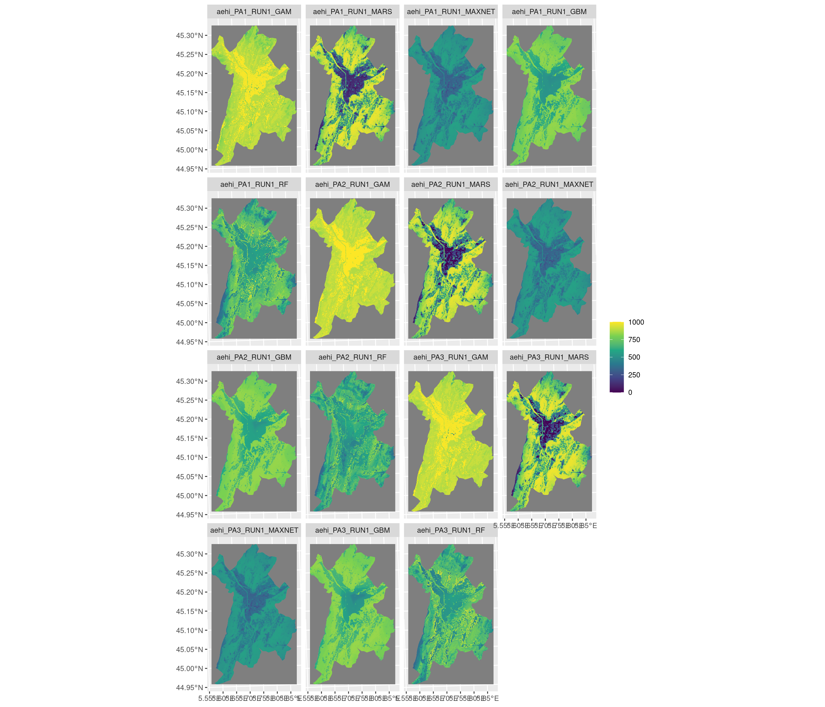 Projection de la distribution potentielle contemporaine sur la métropole de Grenoble, selon les 6 algorithmes et les 3 runs.