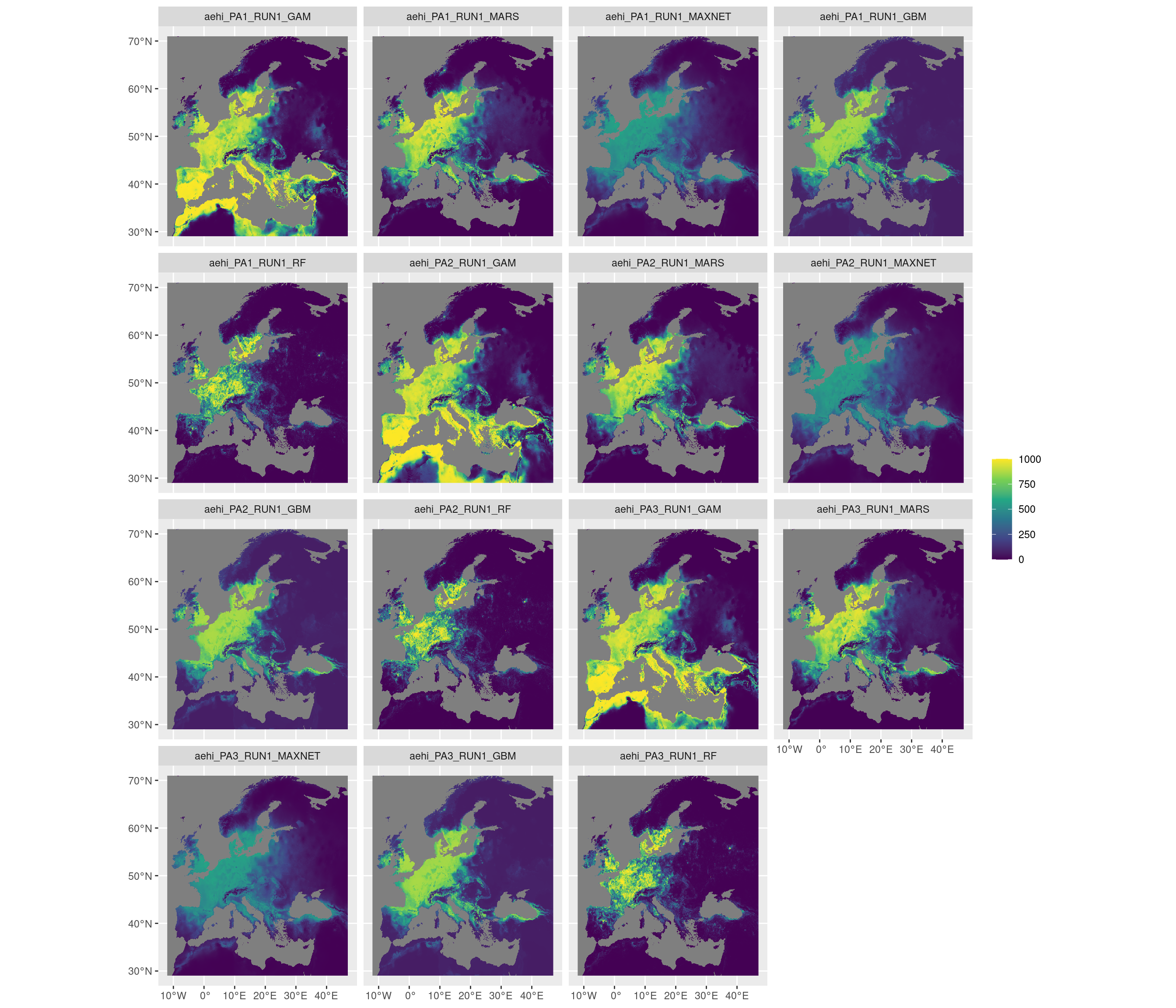 Projection de la distribution potentielle contemporaine sur l'Europe, selon les 6 algorithmes et les 3 runs.