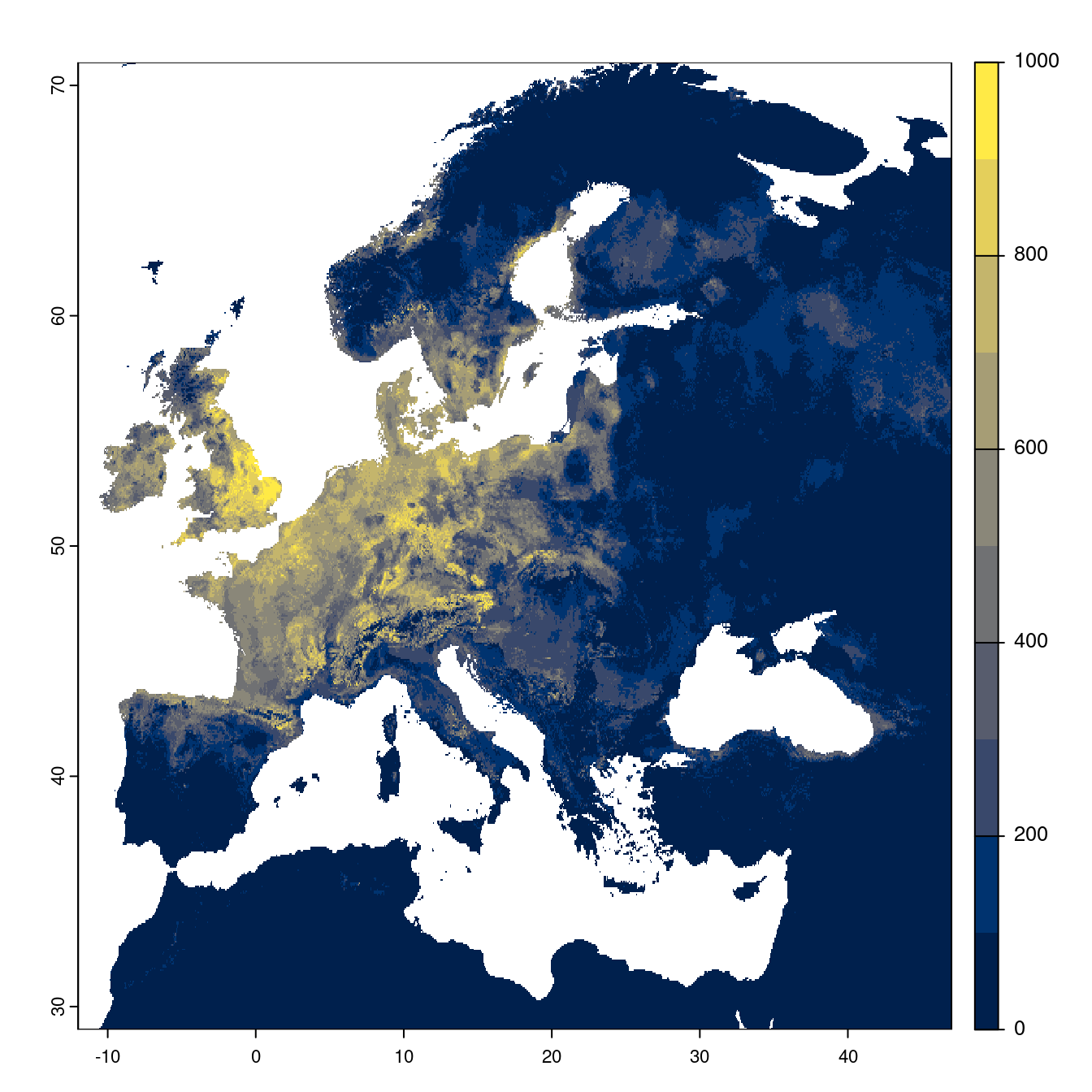 Projection des distributions potentielles futures jusqu'à l'horizon 2100 sous le scénario SSP2-4.5 (modèle d'ensemble).