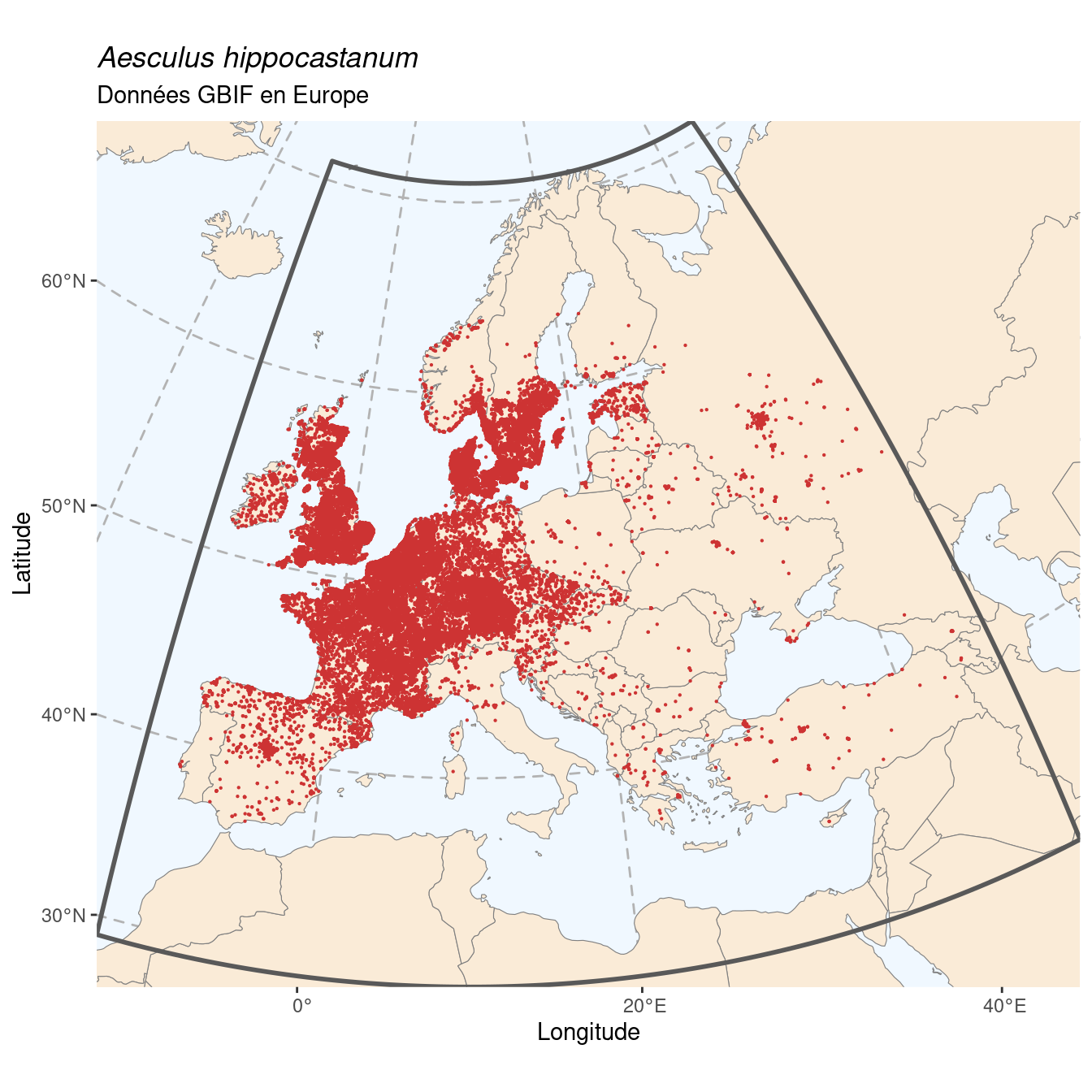Occurrence de Aesculus hippocastanum en Europe.