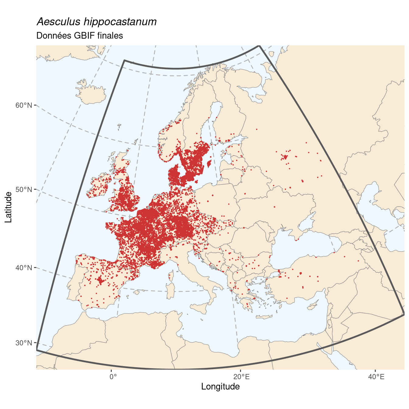 Occurrences de Aesculus hippocastanum en Europe après sous-échantillonnage.