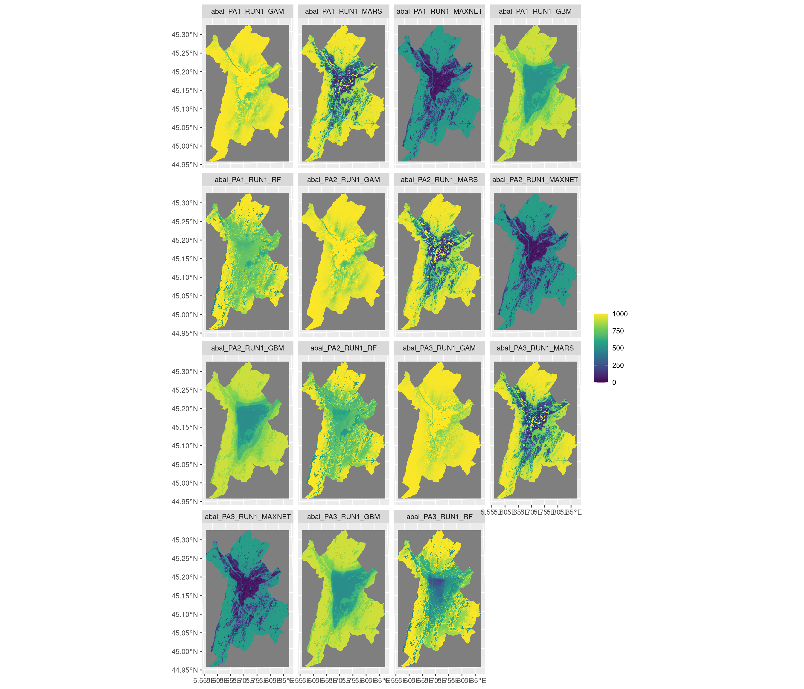 Projection de la distribution potentielle contemporaine sur la métropole de Grenoble, selon les 6 algorithmes et les 3 runs.