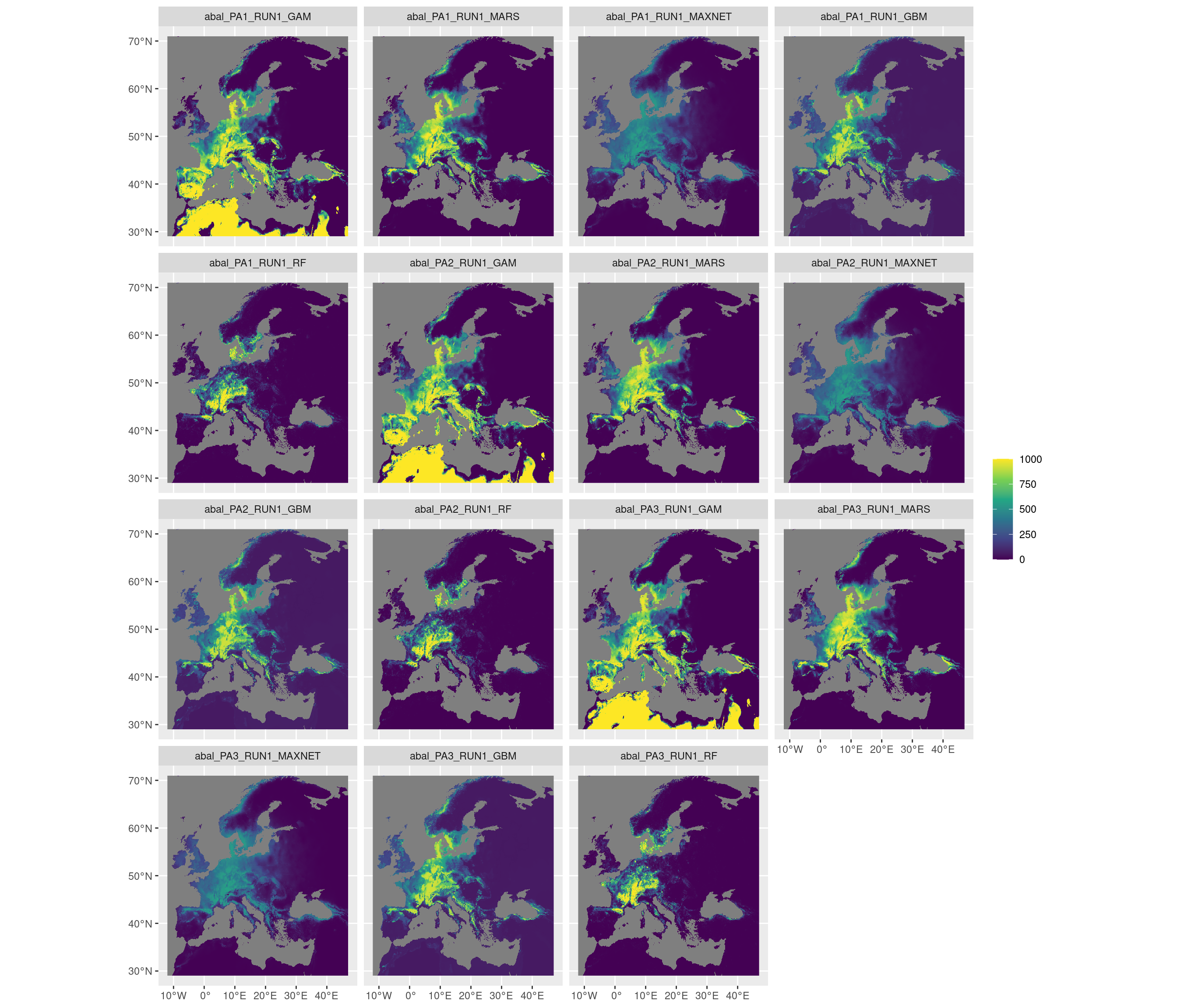 Projection de la distribution potentielle contemporaine sur l'Europe, selon les 6 algorithmes et les 3 runs.