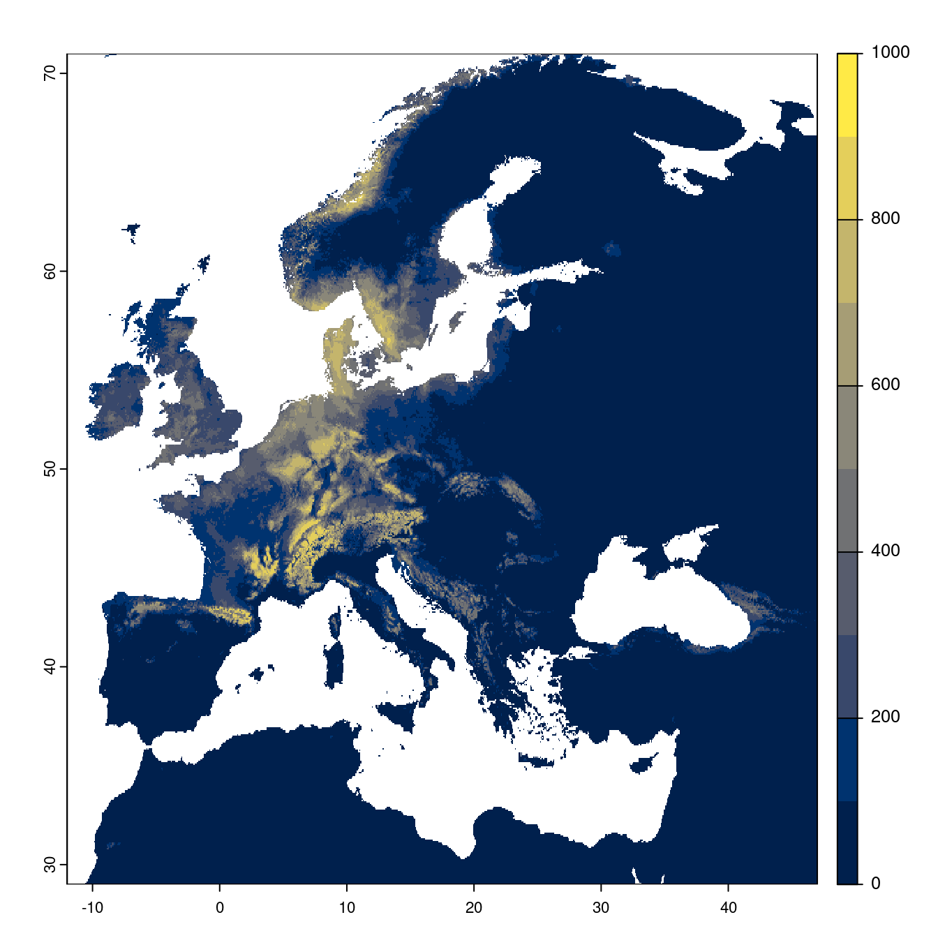 Projection des distributions potentielles futures jusqu'à l'horizon 2100 sous le scénario SSP3-7.0 (modèle d'ensemble).