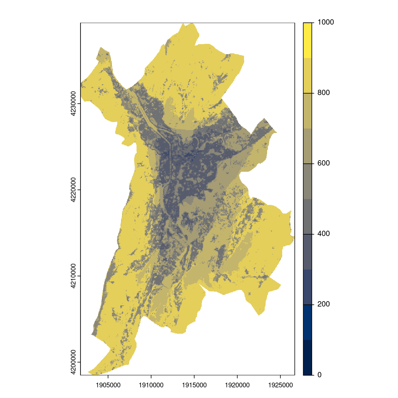 Projection des distributions potentielles contemporaine et futures jusqu'à l'horizon 2100 sous le scénario SSP5-8.5 (modèle d'ensemble, GCM IPSL).