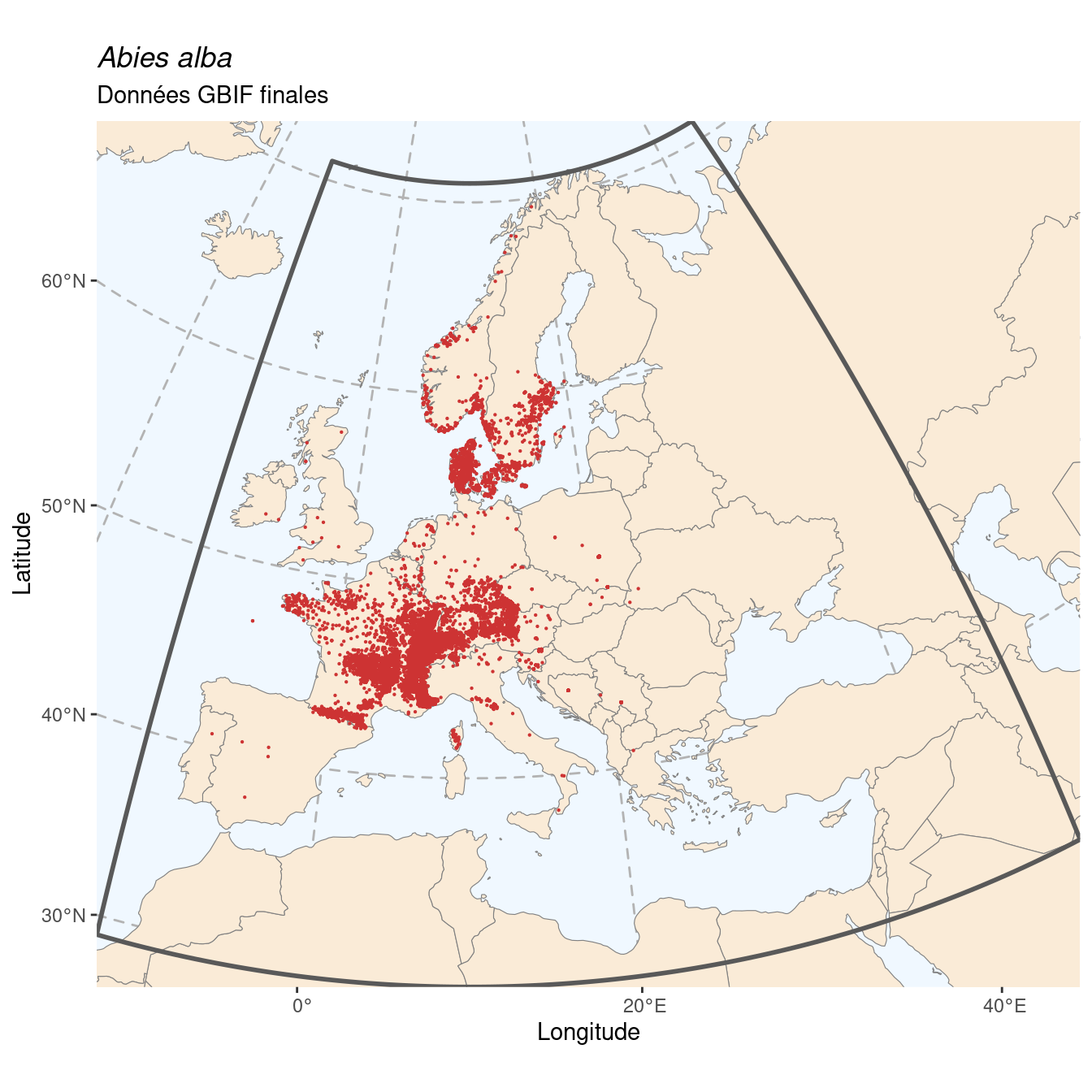 Occurrence de Abies alba dans la région d'endémisme après sous-échantillonnage éventuel.