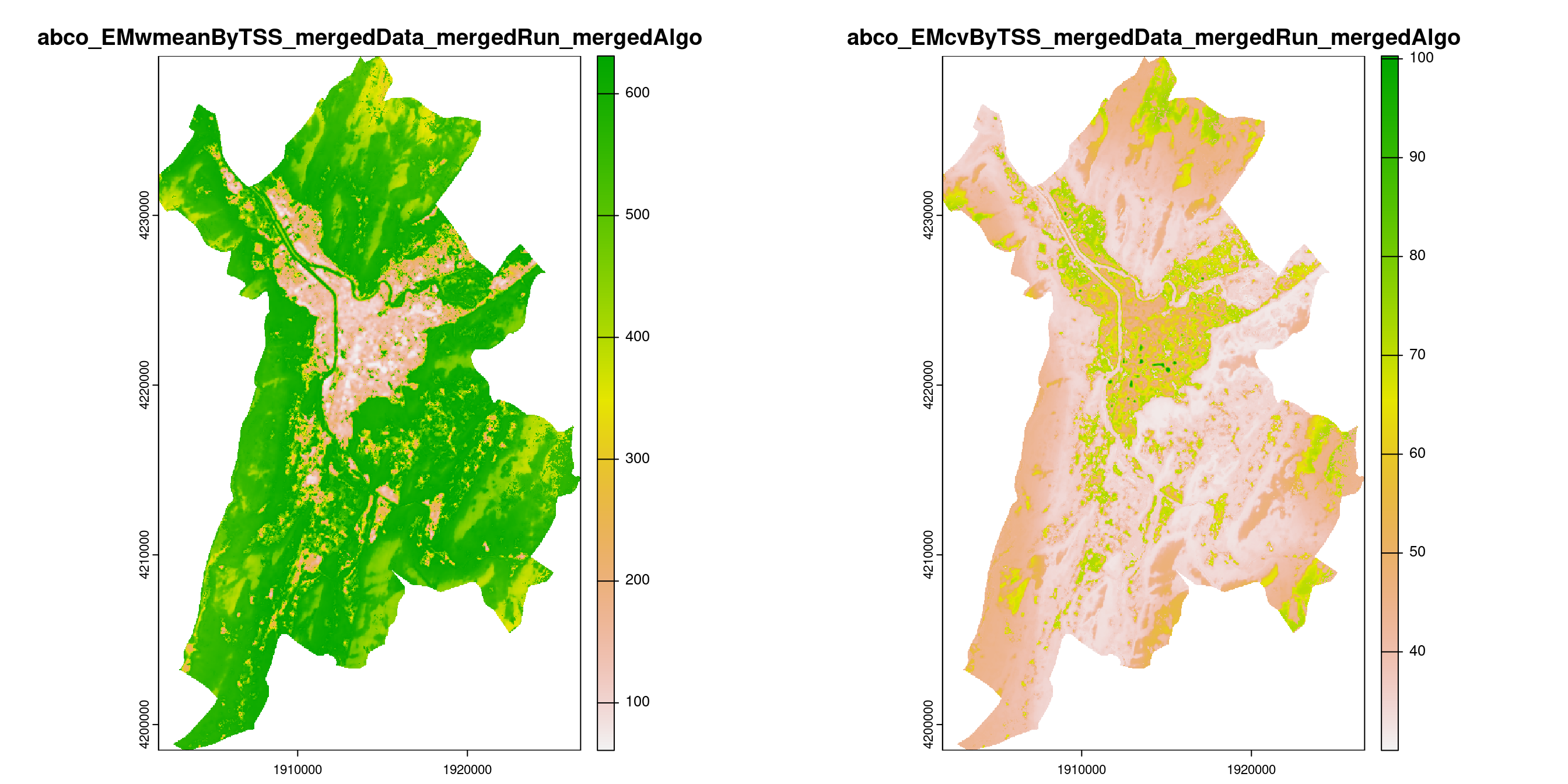 A) Projection de la distribution potentielle contemporaine (modèle d'ensemble) sur la métropole de Grenoble ; B) Incertitude associée à la projection.