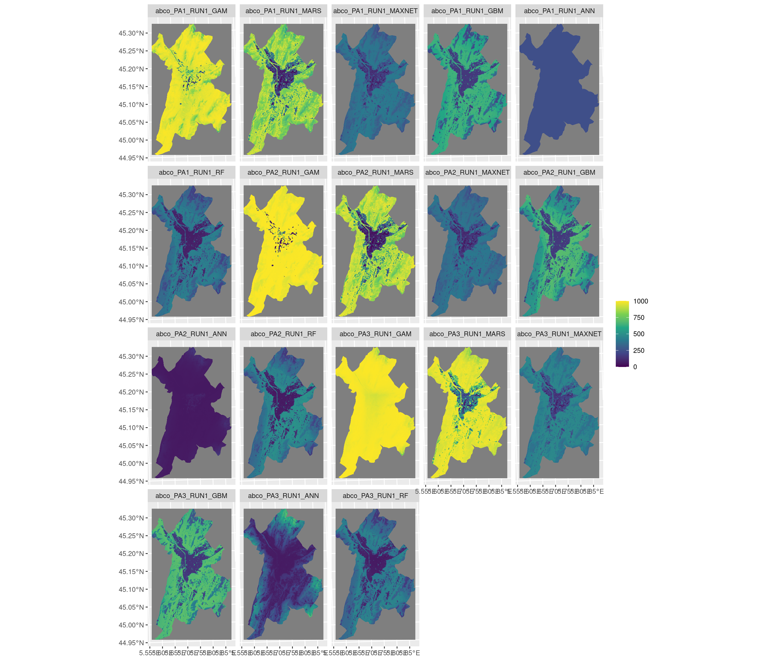 Projection de la distribution potentielle contemporaine sur la métropole de Grenoble, selon les 6 algorithmes et les 3 runs.