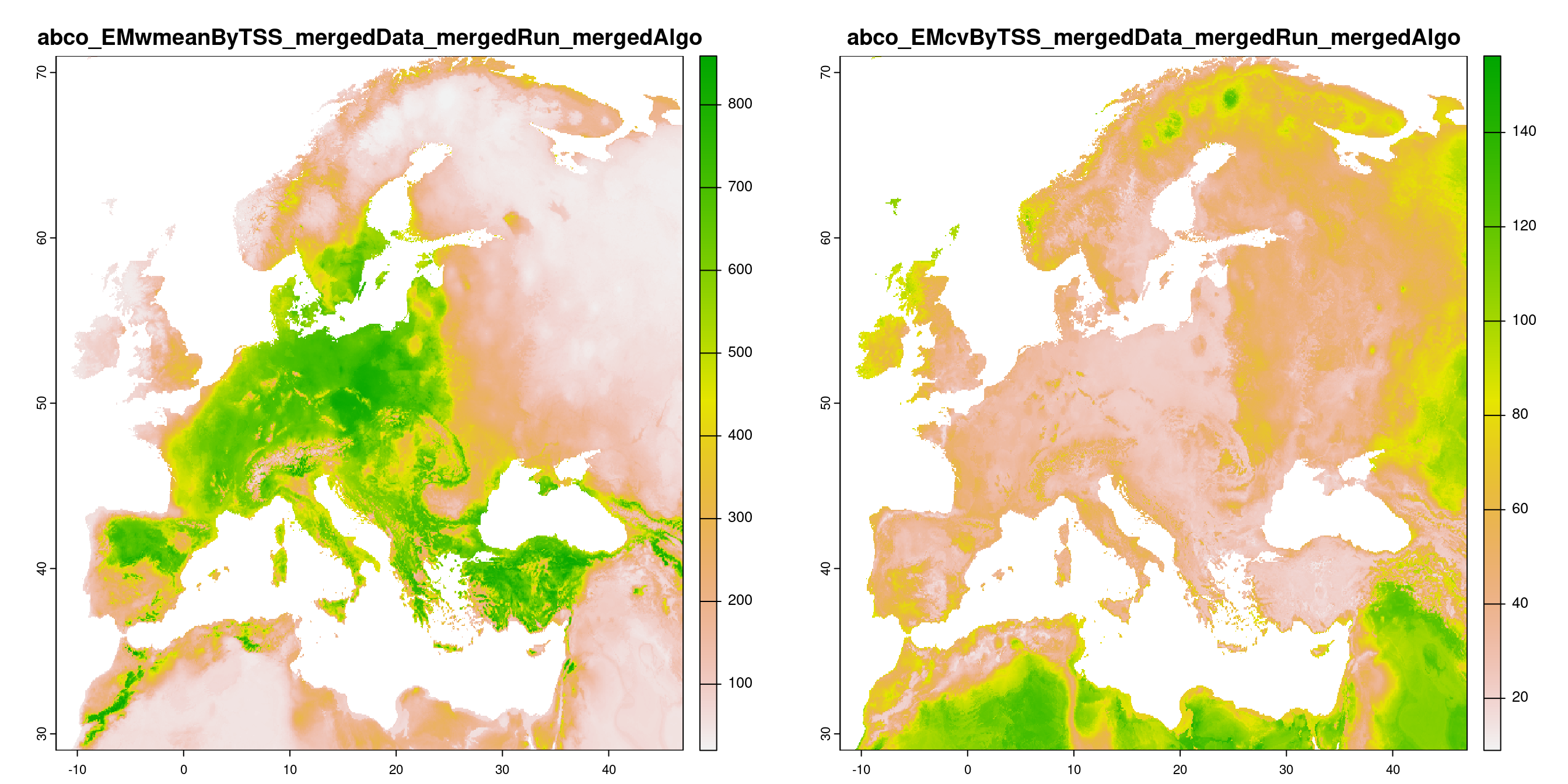 A) Projection de la distribution potentielle contemporaine (modèle d'ensemble) ; B) Incertitude associée à la projection.