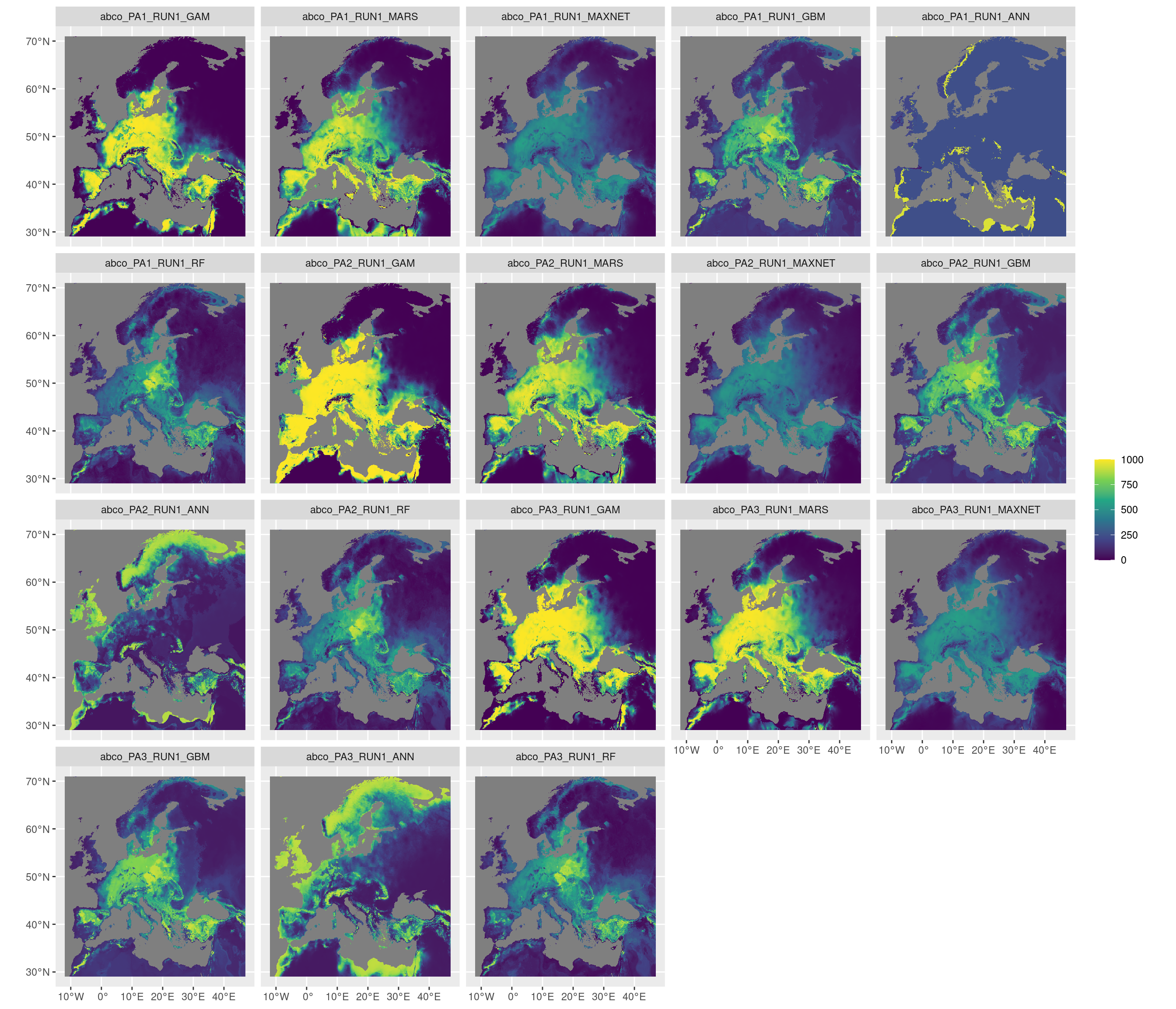 Projection de la distribution potentielle contemporaine sur l'Europe, selon les 6 algorithmes et les 3 runs.