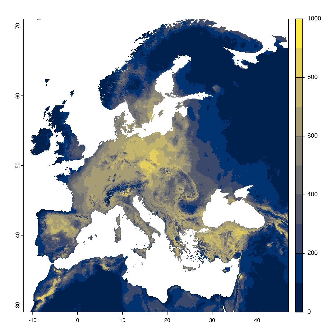 Projection des distributions potentielles futures jusqu'à l'horizon 2100 sous le scénario SSP1-2.6 (modèle d'ensemble).