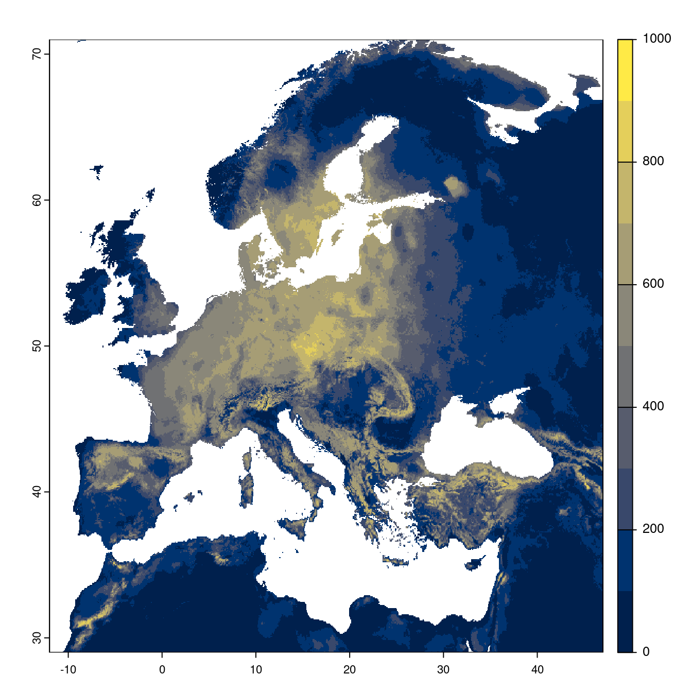 Projection des distributions potentielles futures jusqu'à l'horizon 2100 sous le scénario SSP2-4.5 (modèle d'ensemble).