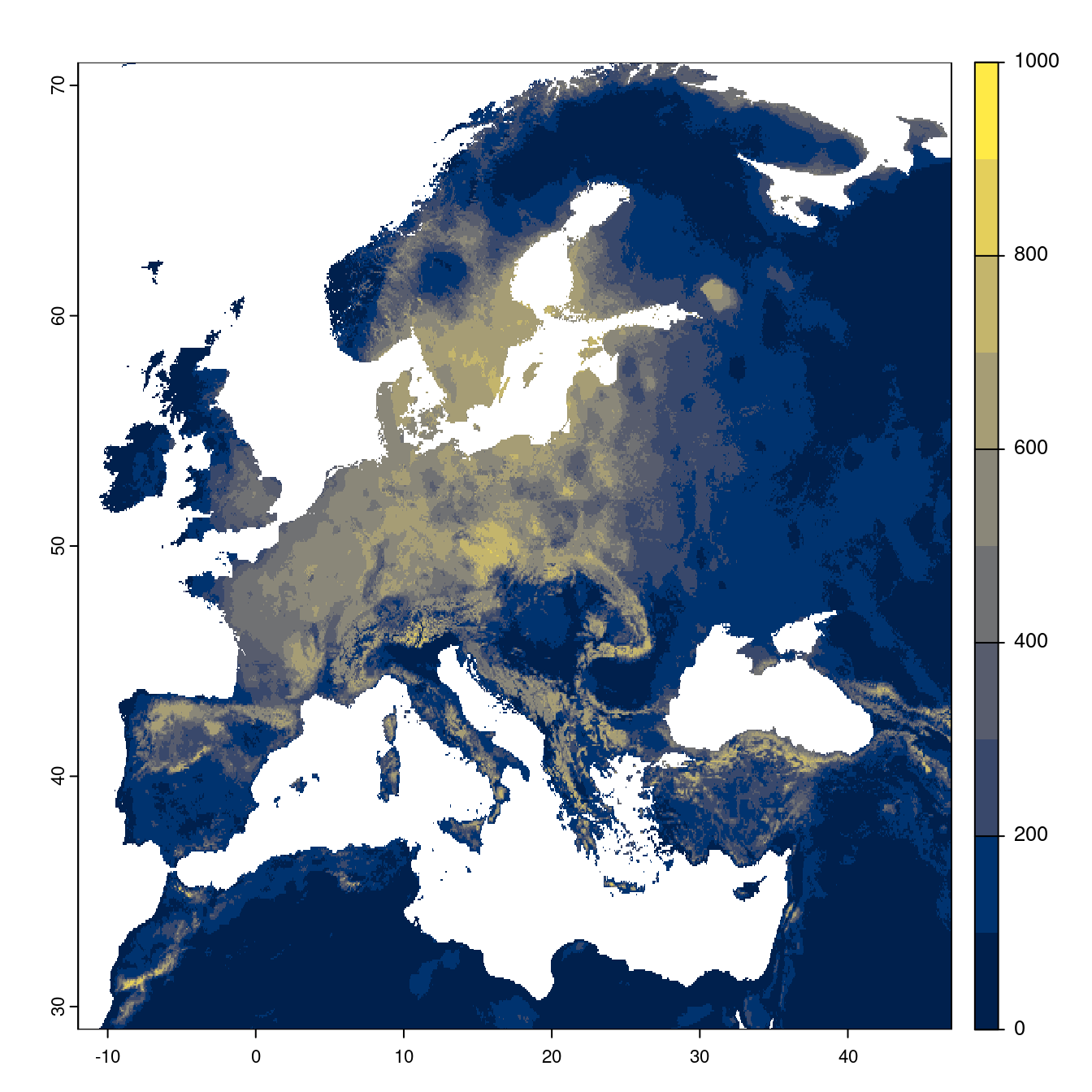 Projection des distributions potentielles futures jusqu'à l'horizon 2100 sous le scénario SSP2-4.5 (modèle d'ensemble).