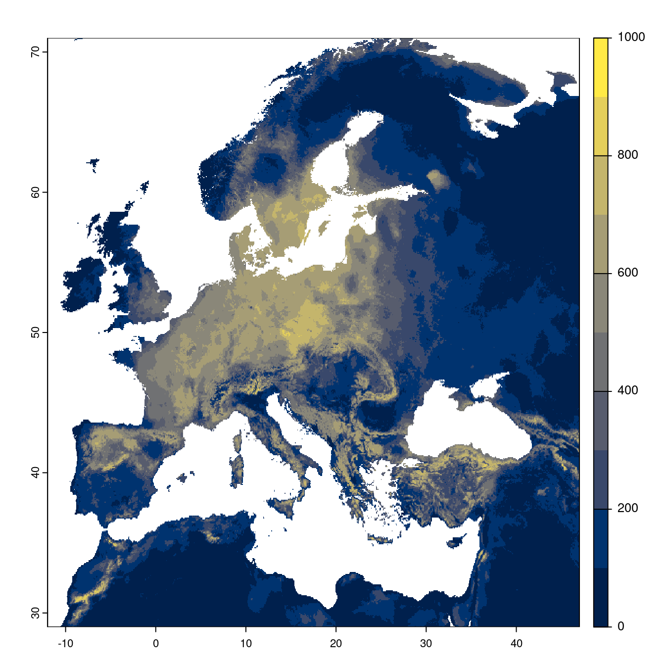 Projection des distributions potentielles futures jusqu'à l'horizon 2100 sous le scénario SSP3-7.0 (modèle d'ensemble).