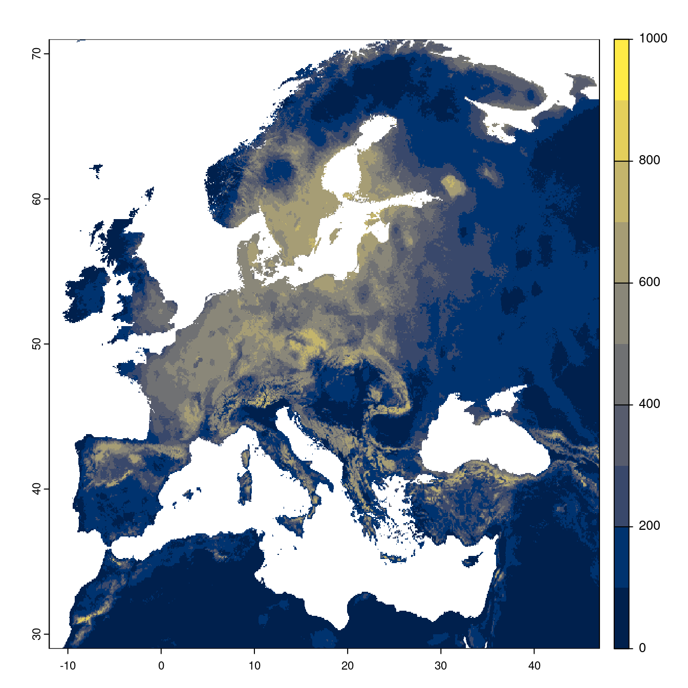 Projection des distributions potentielles futures jusqu'à l'horizon 2100 sous le scénario SSP3-7.0 (modèle d'ensemble).