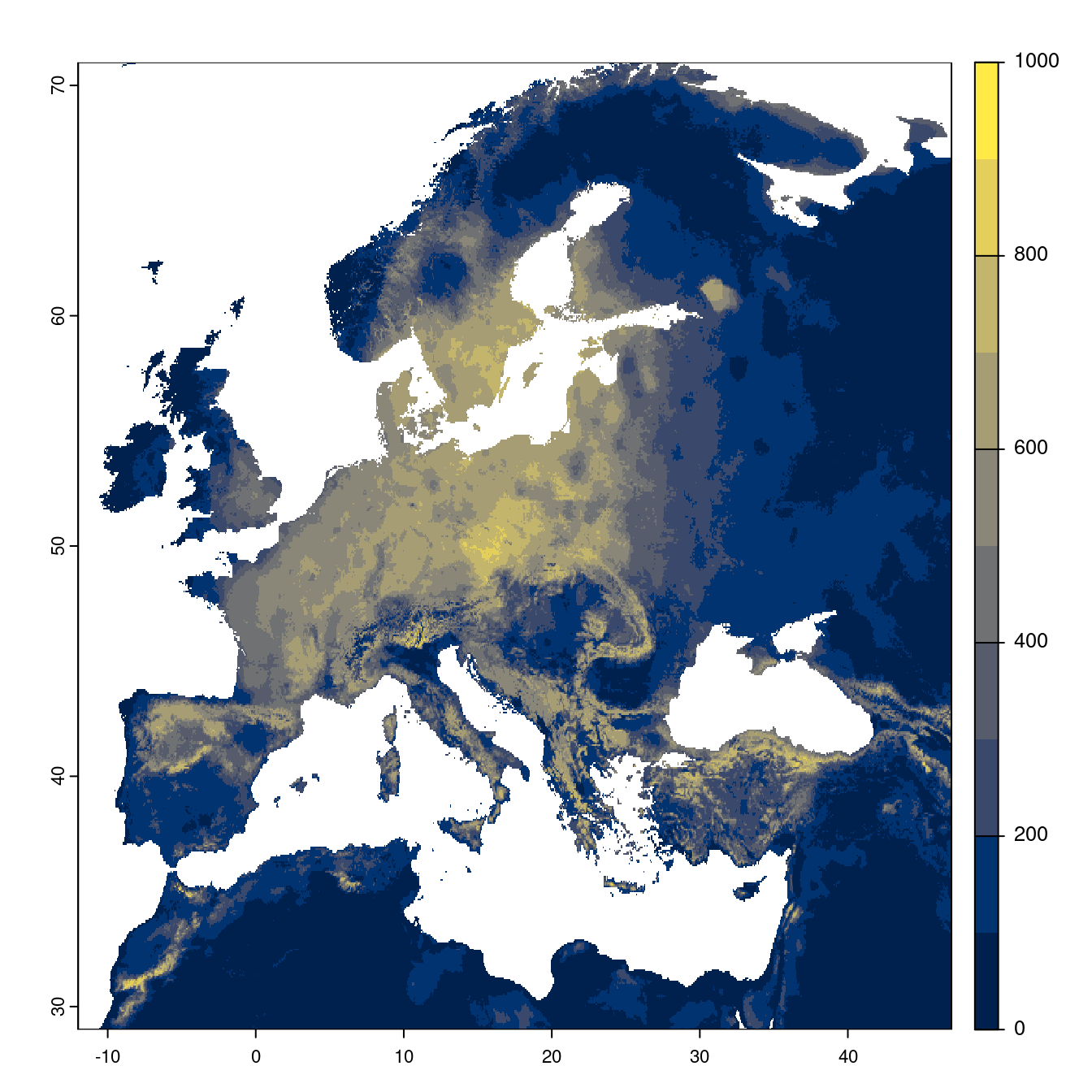 Projection des distributions potentielles futures jusqu'à l'horizon 2100 sous le scénario SSP5-8.5 (modèle d'ensemble).