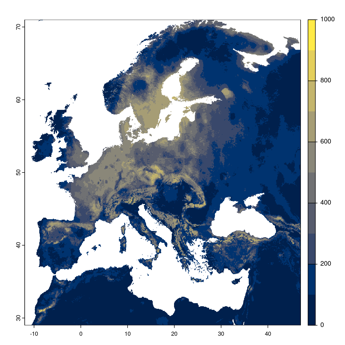 Projection des distributions potentielles futures jusqu'à l'horizon 2100 sous le scénario SSP5-8.5 (modèle d'ensemble).