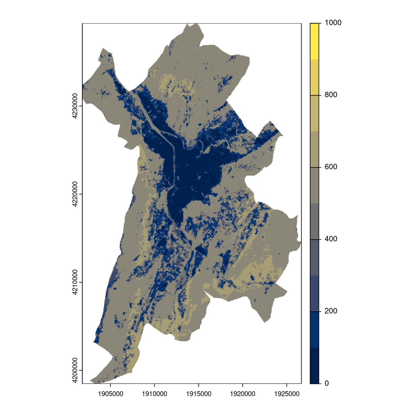Projection des distributions potentielles contemporaine et futures jusqu'à l'horizon 2100 sous le scénario SSP5-8.5 (modèle d'ensemble, GCM IPSL).