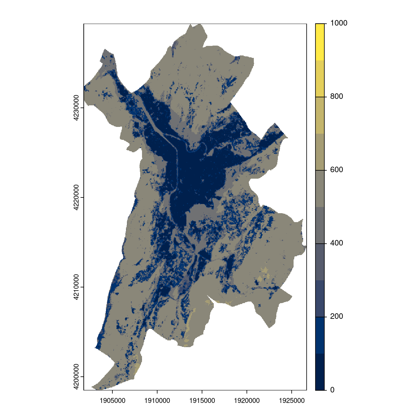 Projection des distributions potentielles contemporaine et futures jusqu'à l'horizon 2100 sous le scénario SSP5-8.5 (modèle d'ensemble, GCM IPSL).