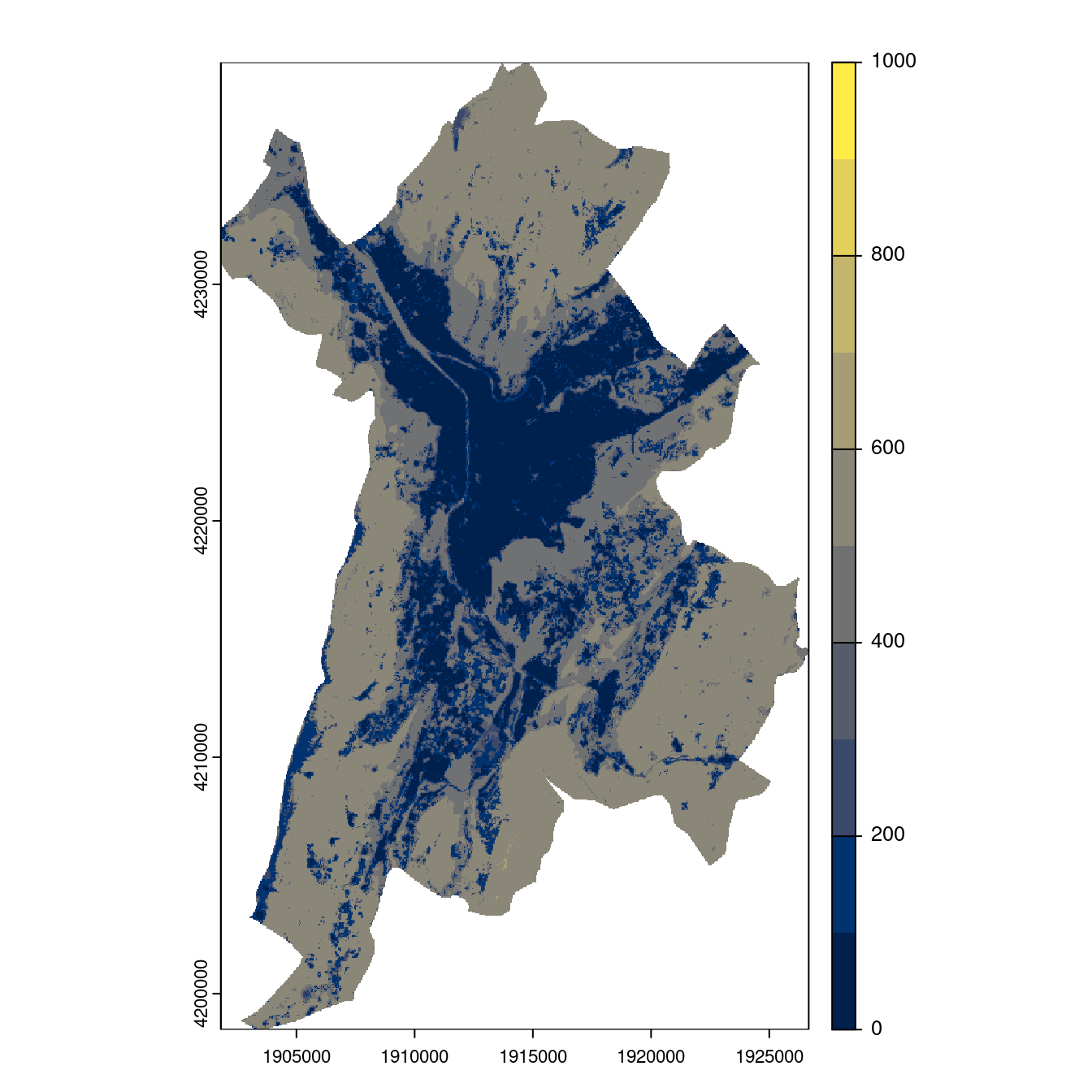 Projection des distributions potentielles contemporaine et futures jusqu'à l'horizon 2100 sous le scénario SSP5-8.5 (modèle d'ensemble, GCM IPSL).
