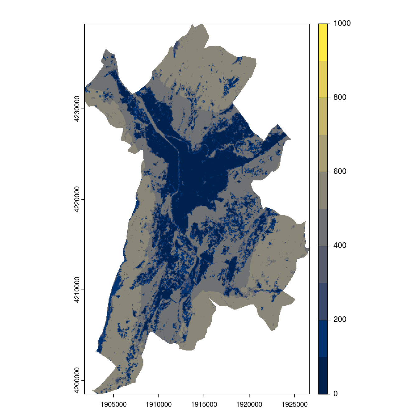 Projection des distributions potentielles contemporaine et futures jusqu'à l'horizon 2100 sous le scénario SSP5-8.5 (modèle d'ensemble, GCM IPSL).