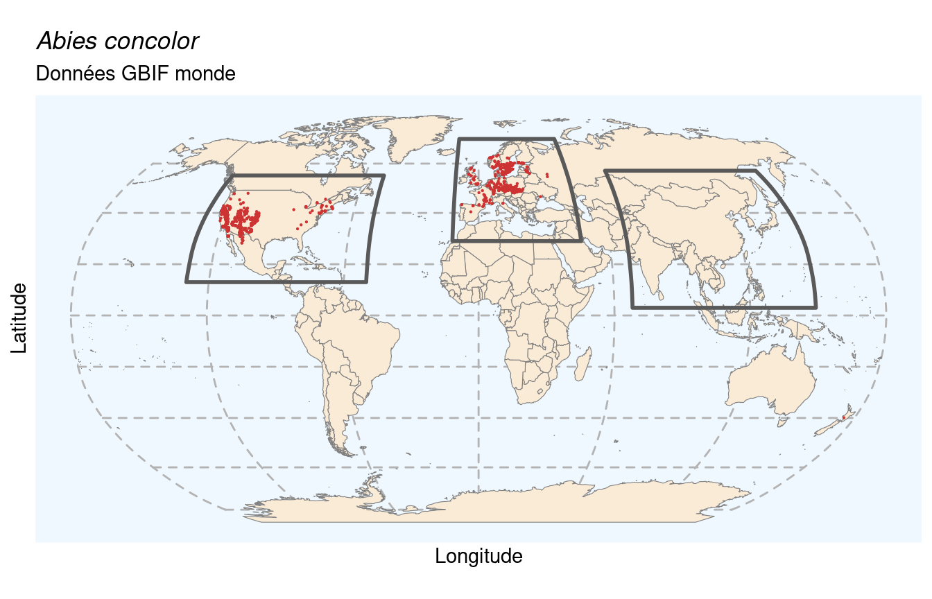 Occurrences de Abies concolor dans le monde.