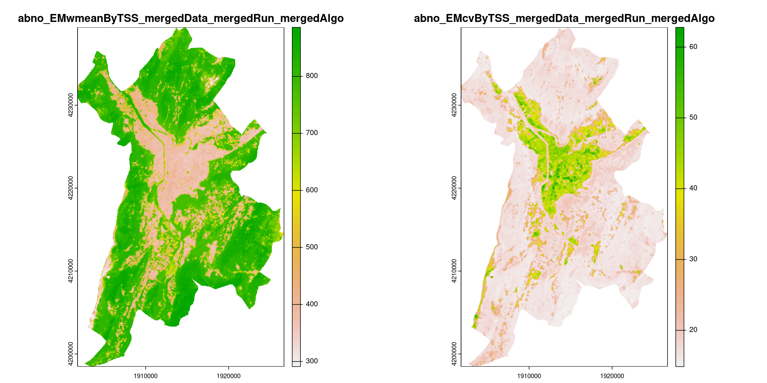 A) Projection de la distribution potentielle contemporaine (modèle d'ensemble) sur la métropole de Grenoble ; B) Incertitude associée à la projection.