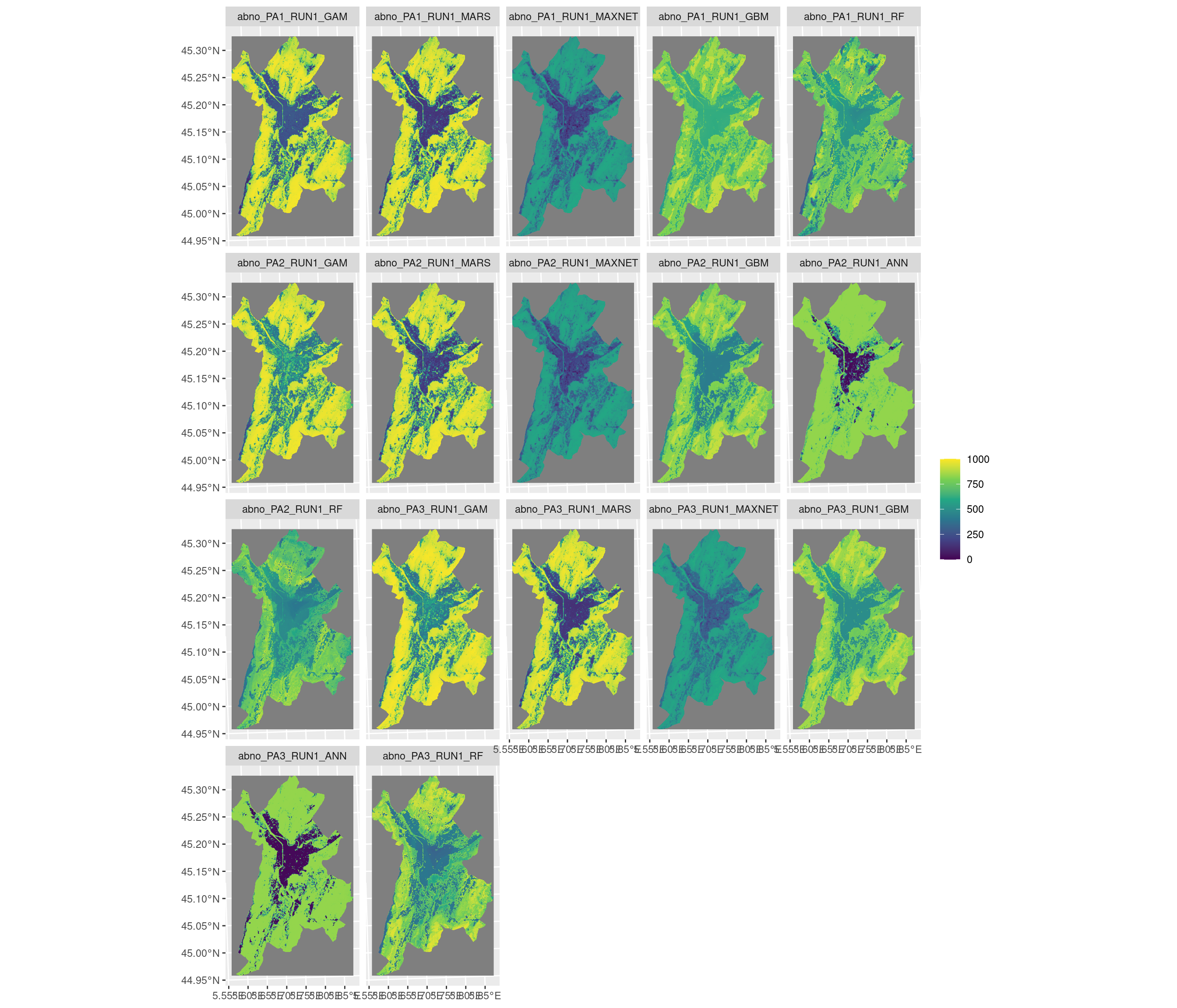 Projection de la distribution potentielle contemporaine sur la métropole de Grenoble, selon les 6 algorithmes et les 3 runs.
