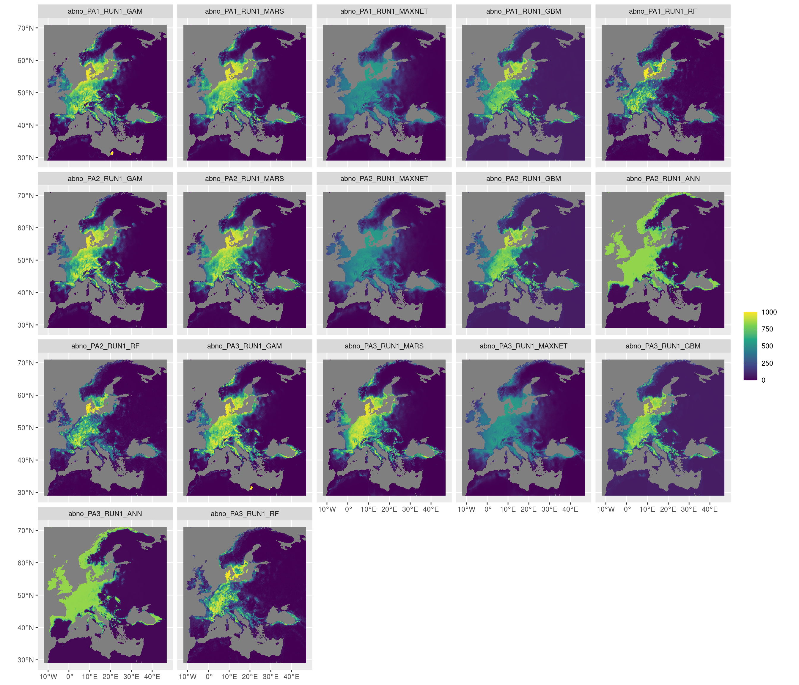 Projection de la distribution potentielle contemporaine sur l'Europe, selon les 6 algorithmes et les 3 runs.