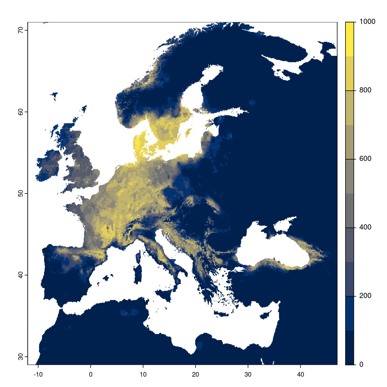 Projection des distributions potentielles futures jusqu'à l'horizon 2100 sous le scénario SSP3-7.0 (modèle d'ensemble).