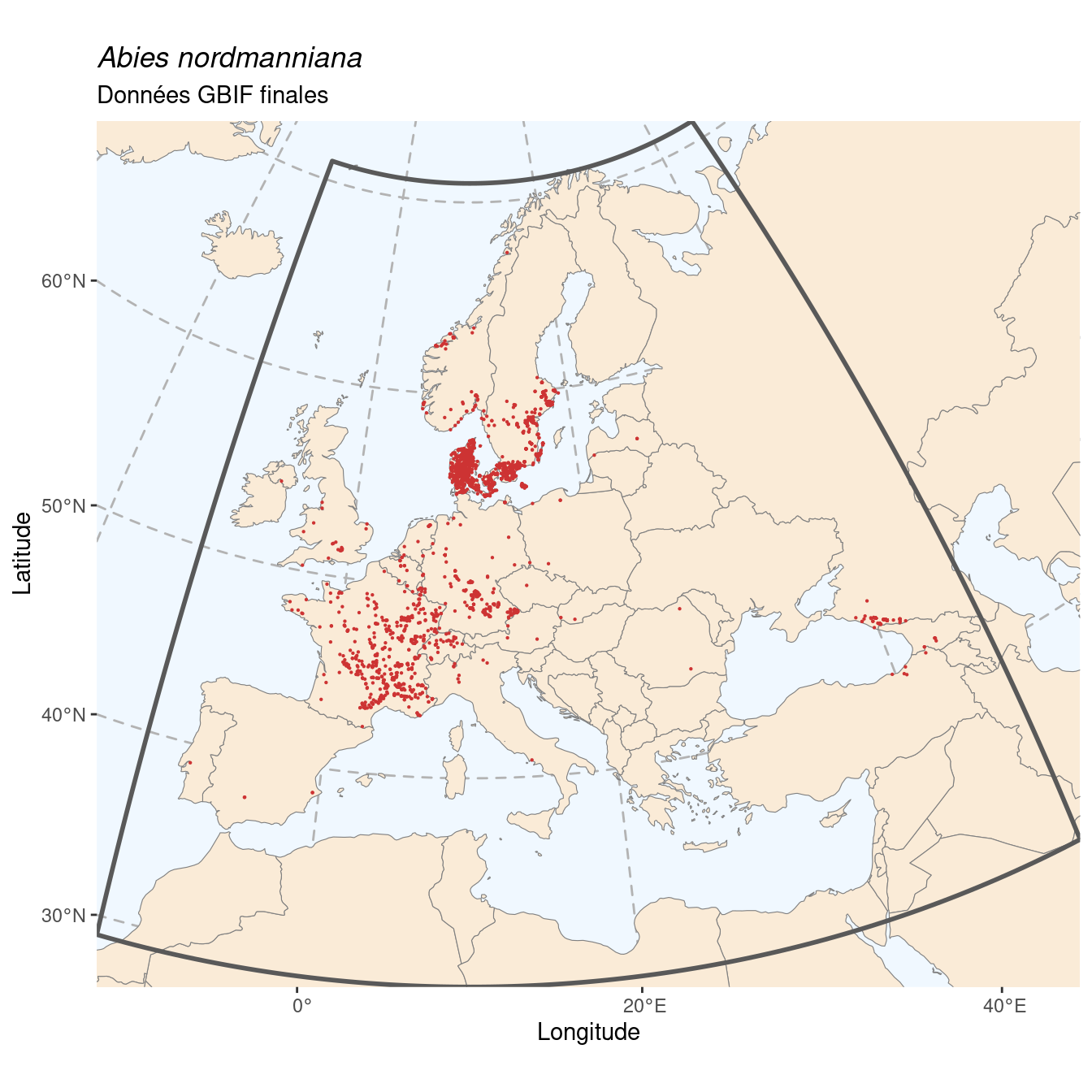 Occurrence de Abies nordmanniana dans la région d'endémisme après sous-échantillonnage éventuel.