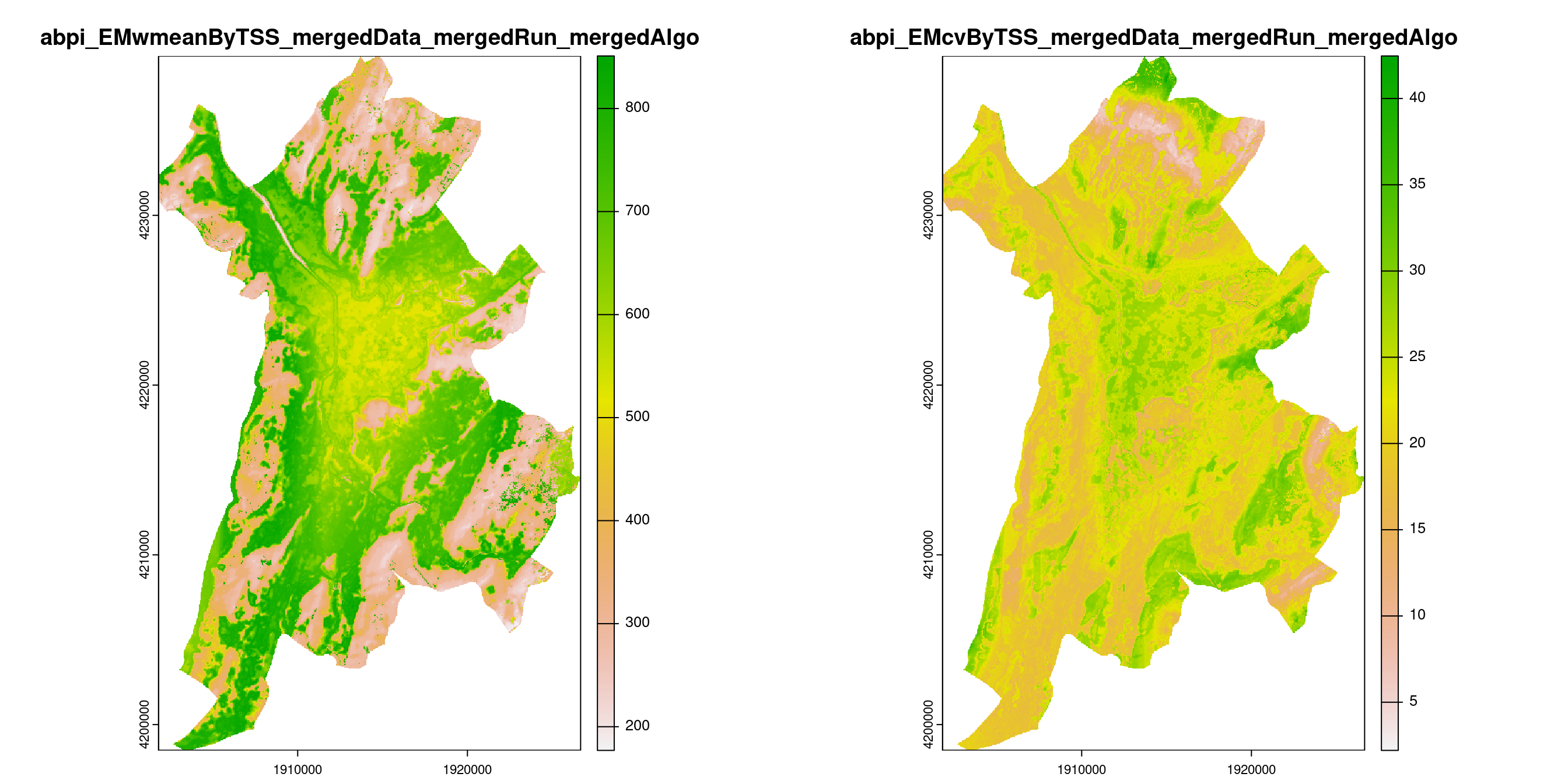 A) Projection de la distribution potentielle contemporaine (modèle d'ensemble) sur la métropole de Grenoble ; B) Incertitude associée à la projection.