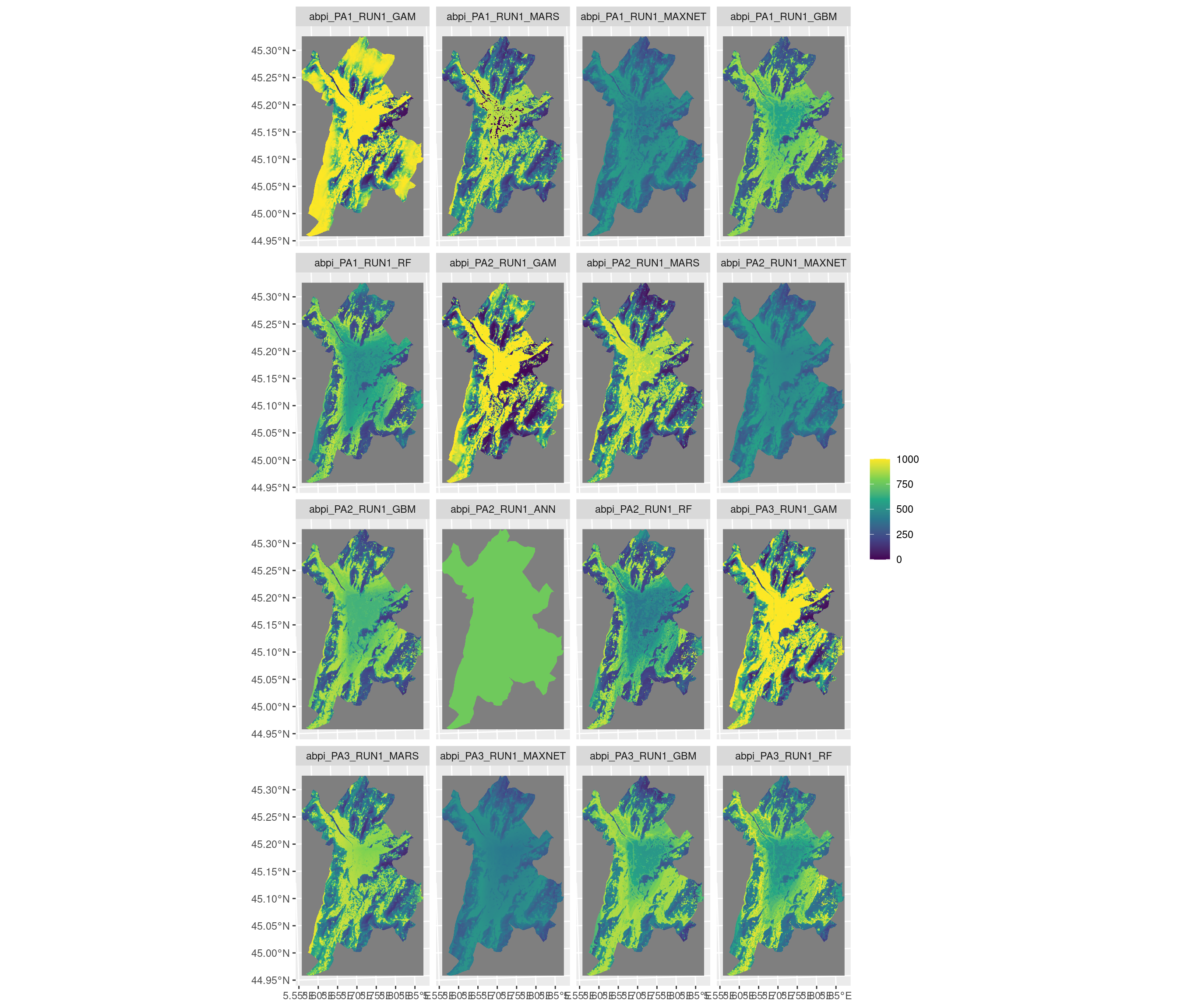 Projection de la distribution potentielle contemporaine sur la métropole de Grenoble, selon les 6 algorithmes et les 3 runs.