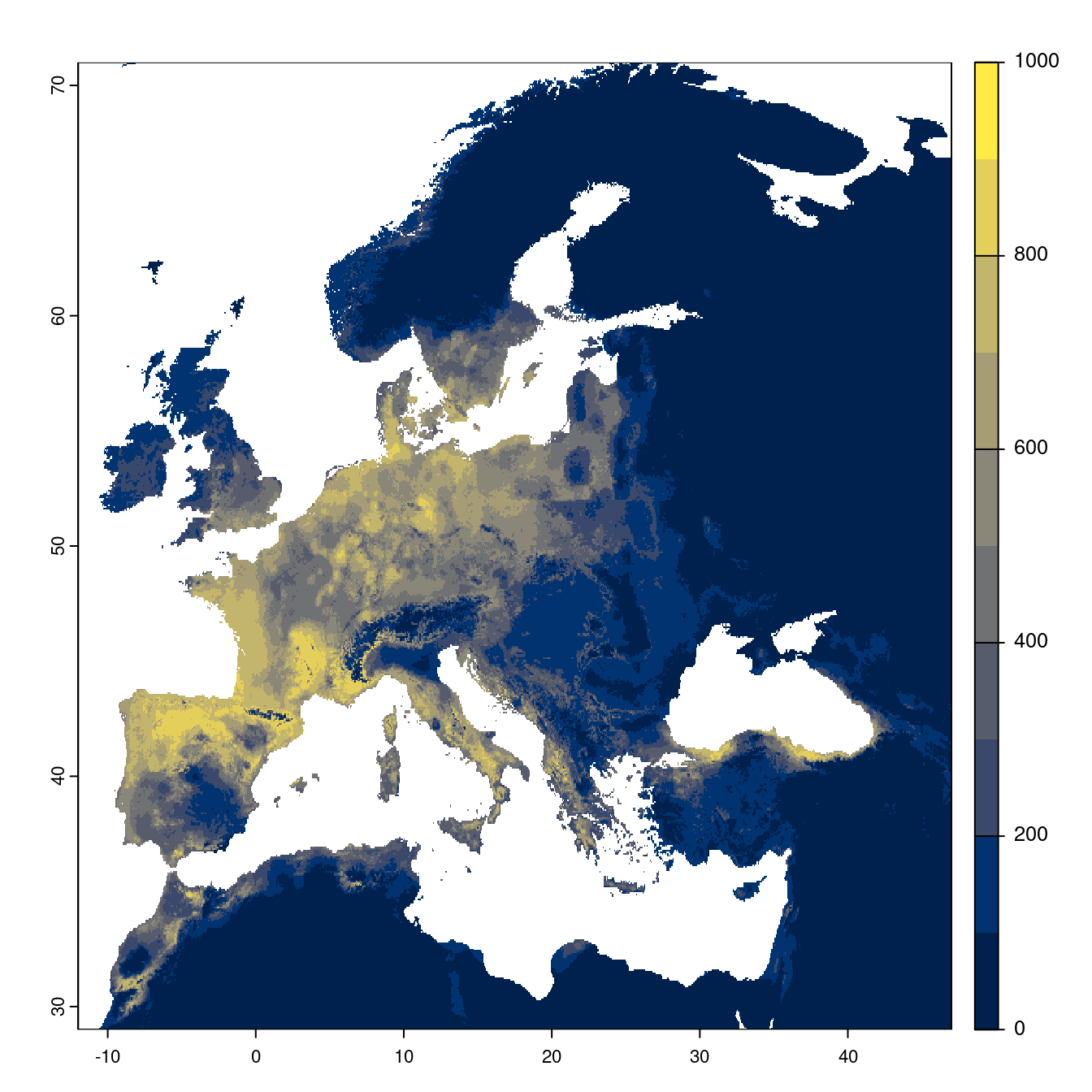 Projection des distributions potentielles futures jusqu'à l'horizon 2100 sous le scénario SSP2-4.5 (modèle d'ensemble).