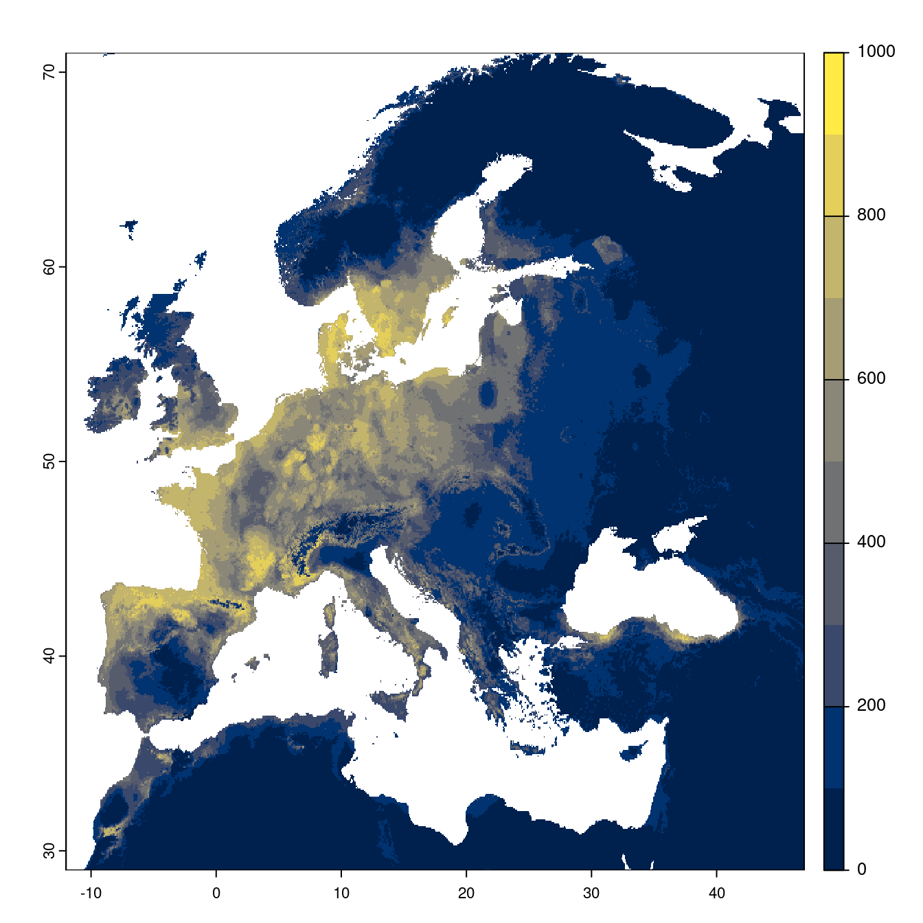 Projection des distributions potentielles futures jusqu'à l'horizon 2100 sous le scénario SSP2-4.5 (modèle d'ensemble).